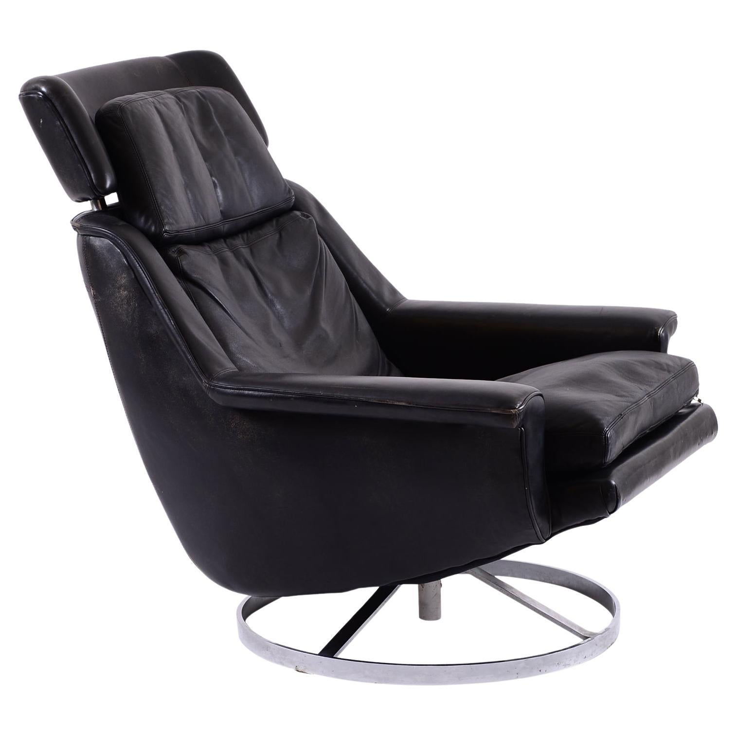 Fauteuil de salon d'époque Eames en acier chromé et cuir noir, moderne du milieu du siècle dernier 