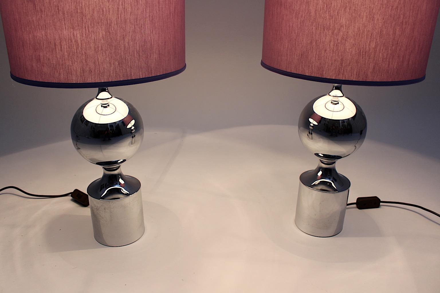 European Mid-Century Modern Chromed Vintage Table Lamps with Lavender Shade 1960s France For Sale