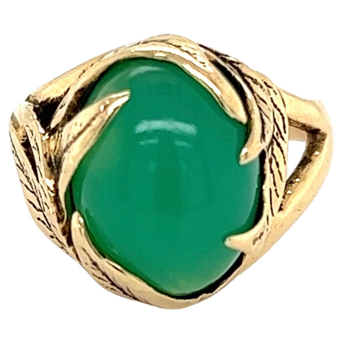 Mid Century Modern Chrysoprase Vintage Solitaire Gold Cocktail Ring