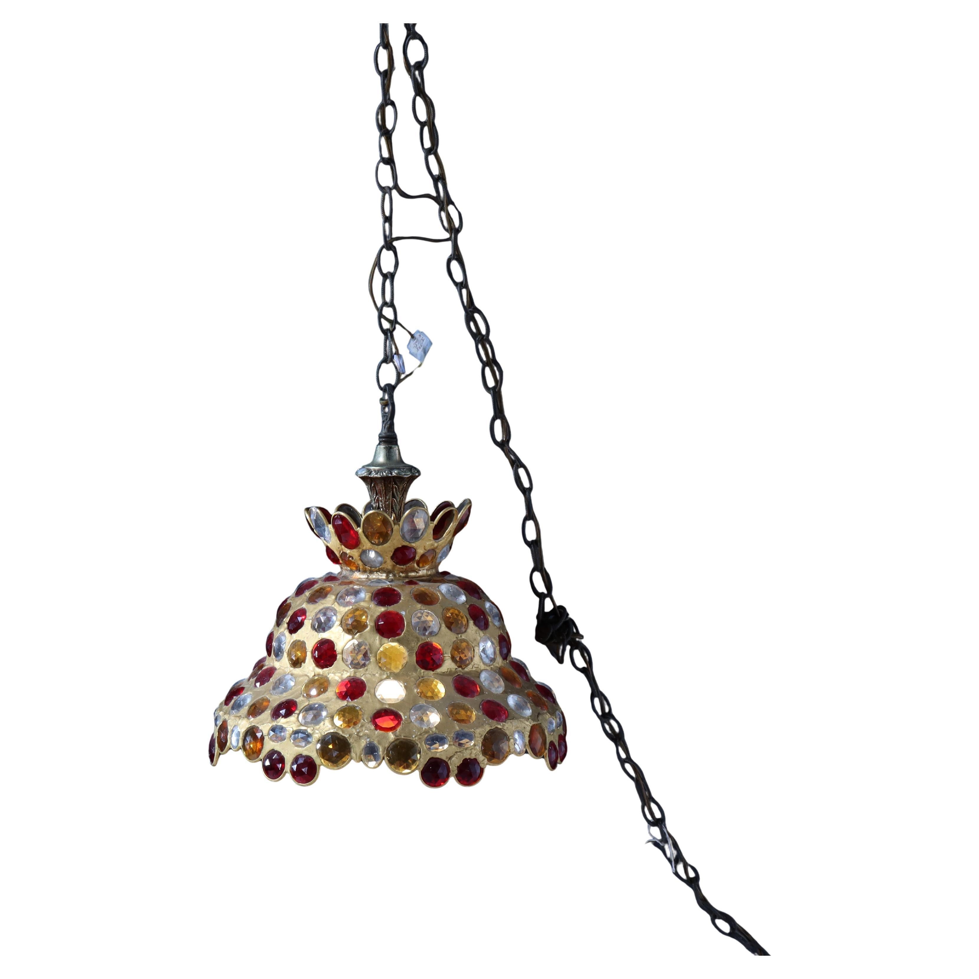 Mid Century Modern Chunk Polychrome Jewel & Gilt Frame Hanging Light C1960.   Measures - 15