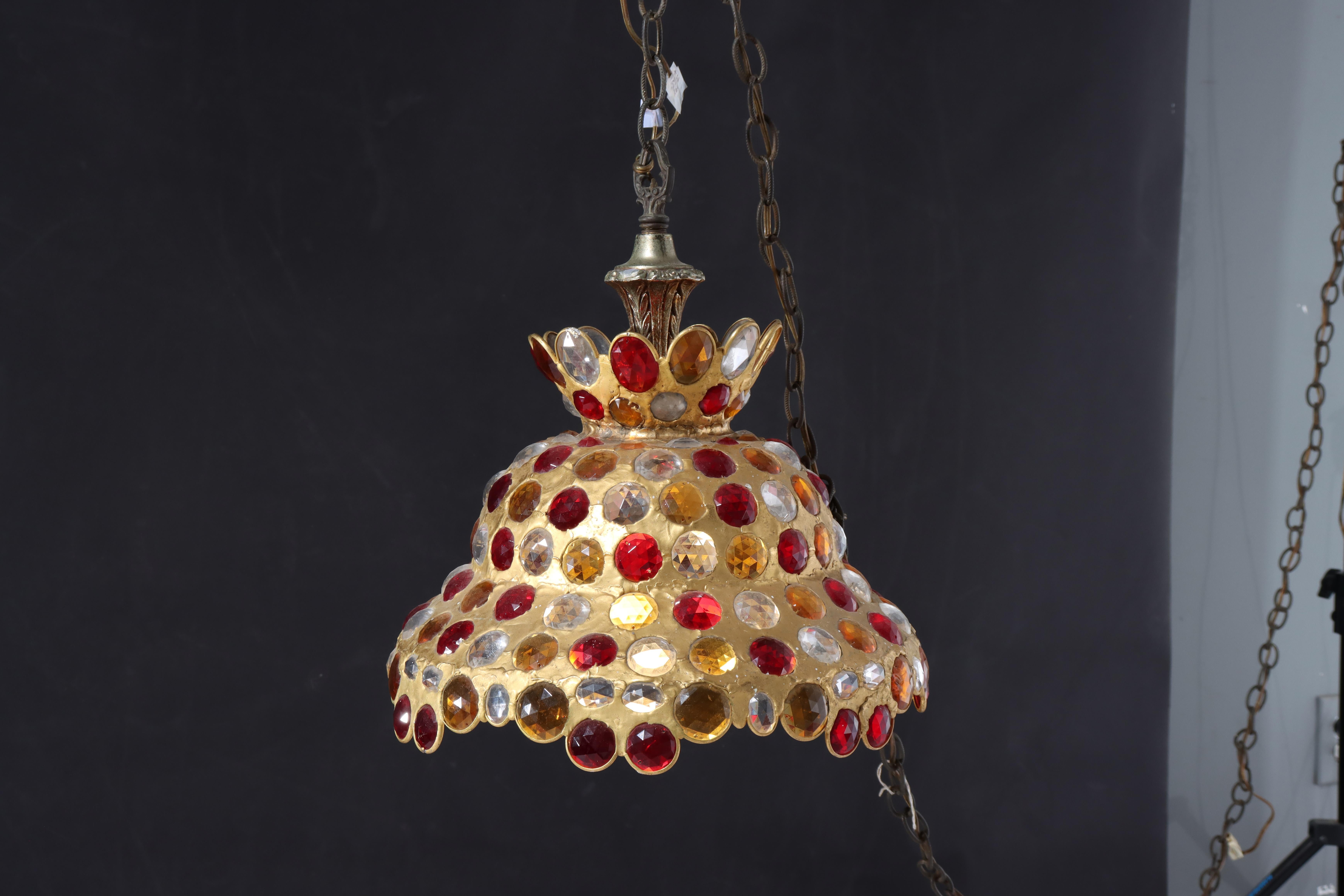 American Mid Century Modern Chunk Polychrome Jewel & Gilt Frame Hanging Light For Sale