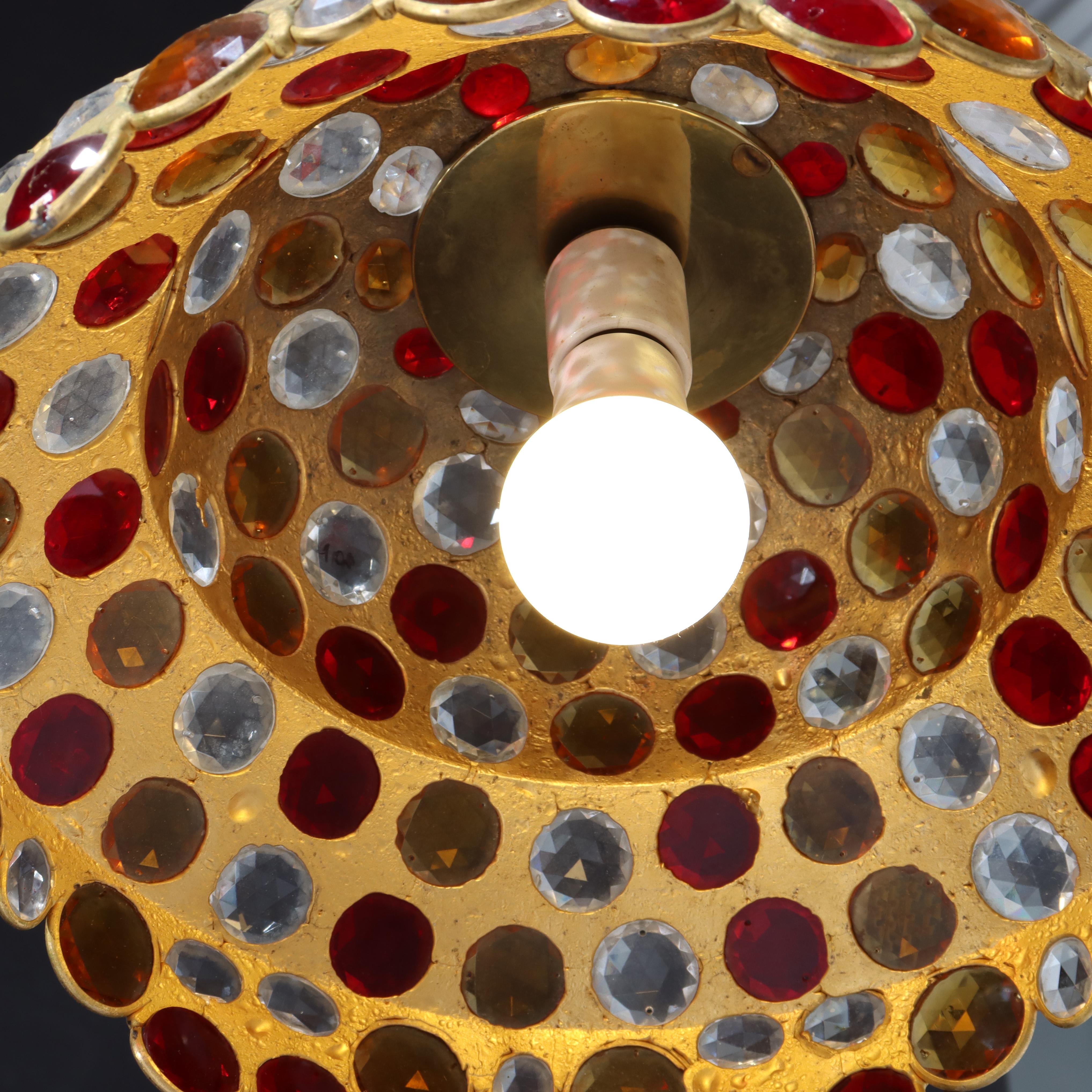 Mid Century Modern Chunk Polychrome Jewel & Gilt Frame Hanging Light In Good Condition For Sale In Big Flats, NY