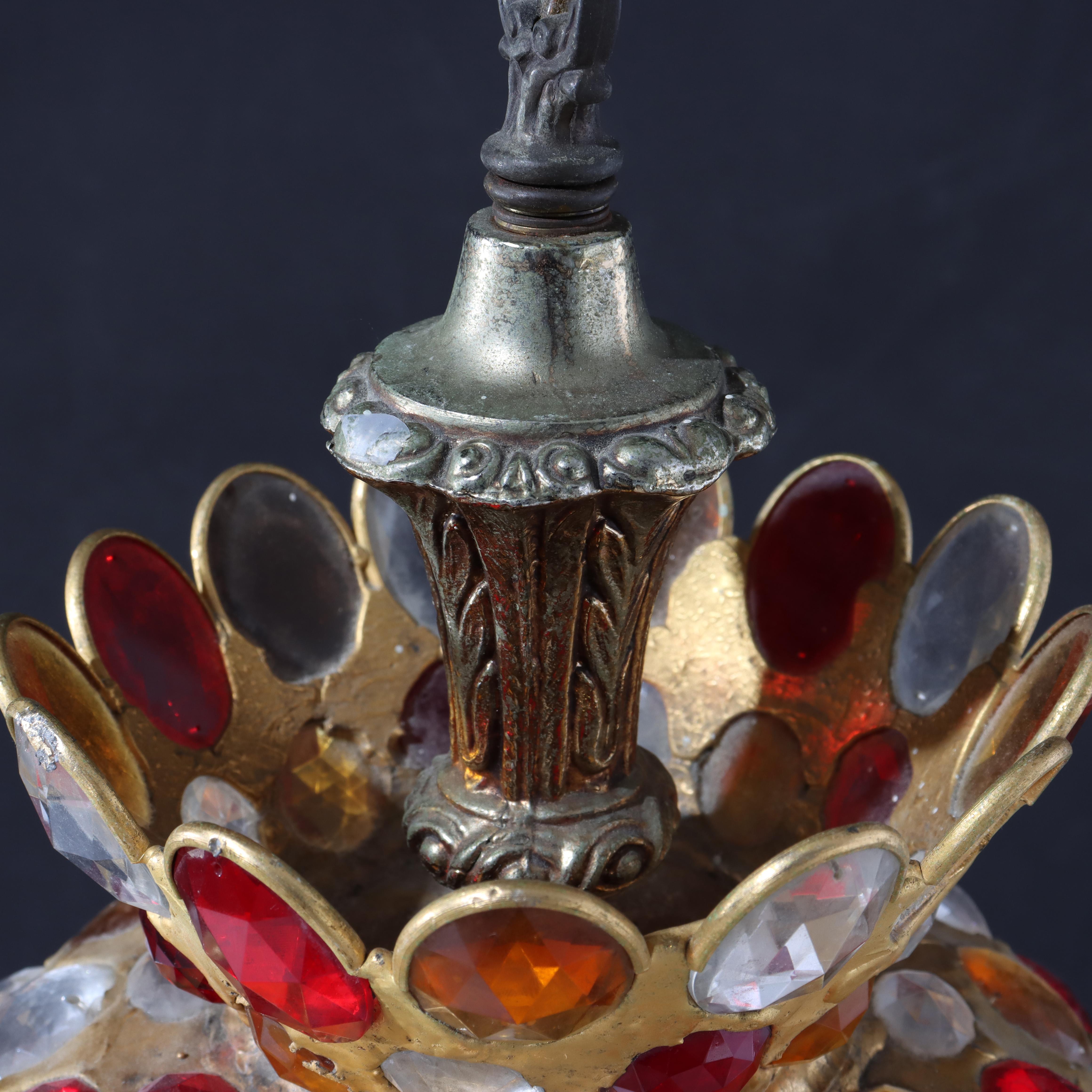 Metal Mid Century Modern Chunk Polychrome Jewel & Gilt Frame Hanging Light For Sale