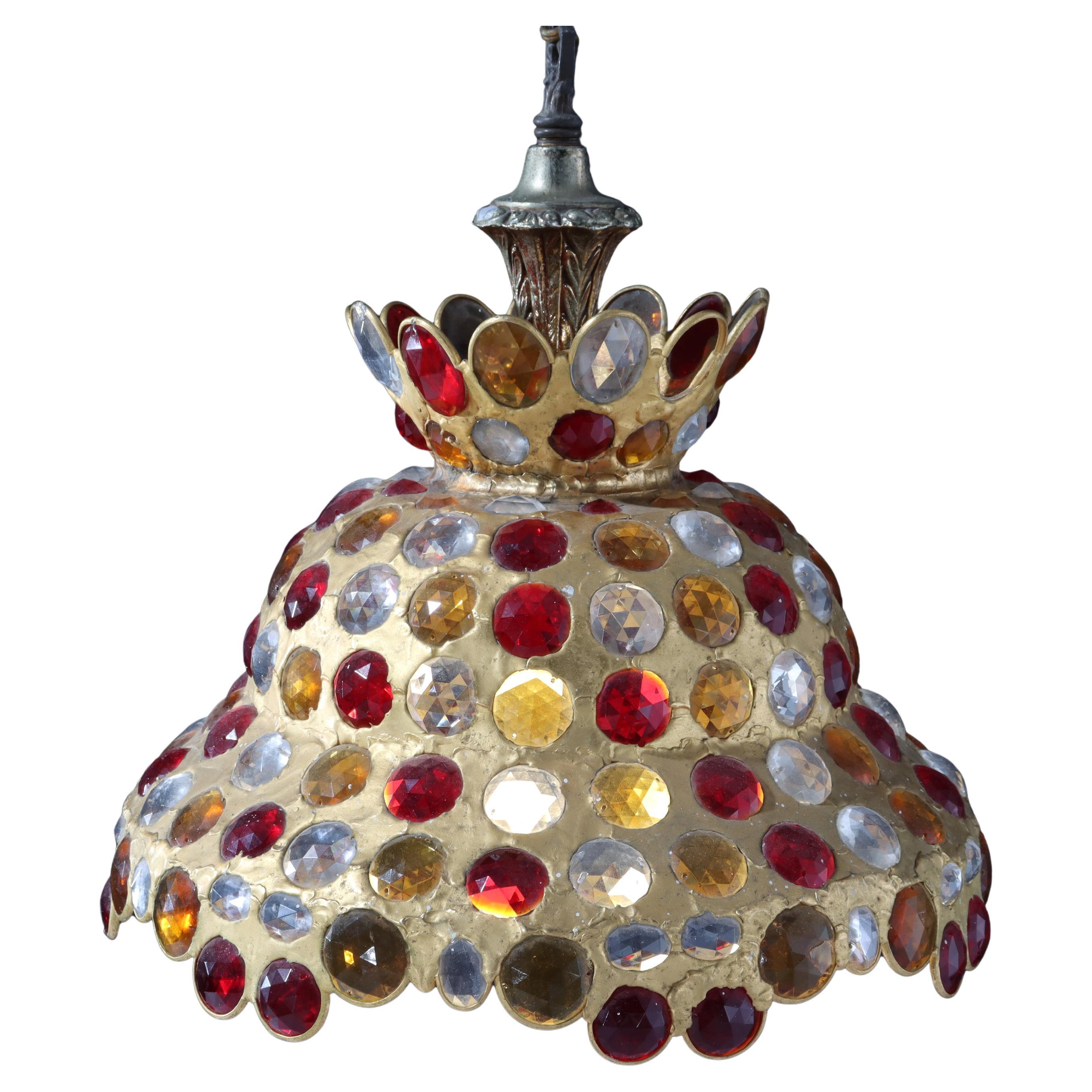 Mid Century Modern Chunk Polychrome Jewel & Gilt Frame Hanging Light For Sale