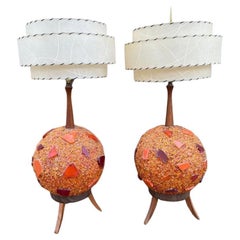 Mid Century Modern Chunky Lucite Orange Rock Candy Swag Ball Table Lamp - Pair