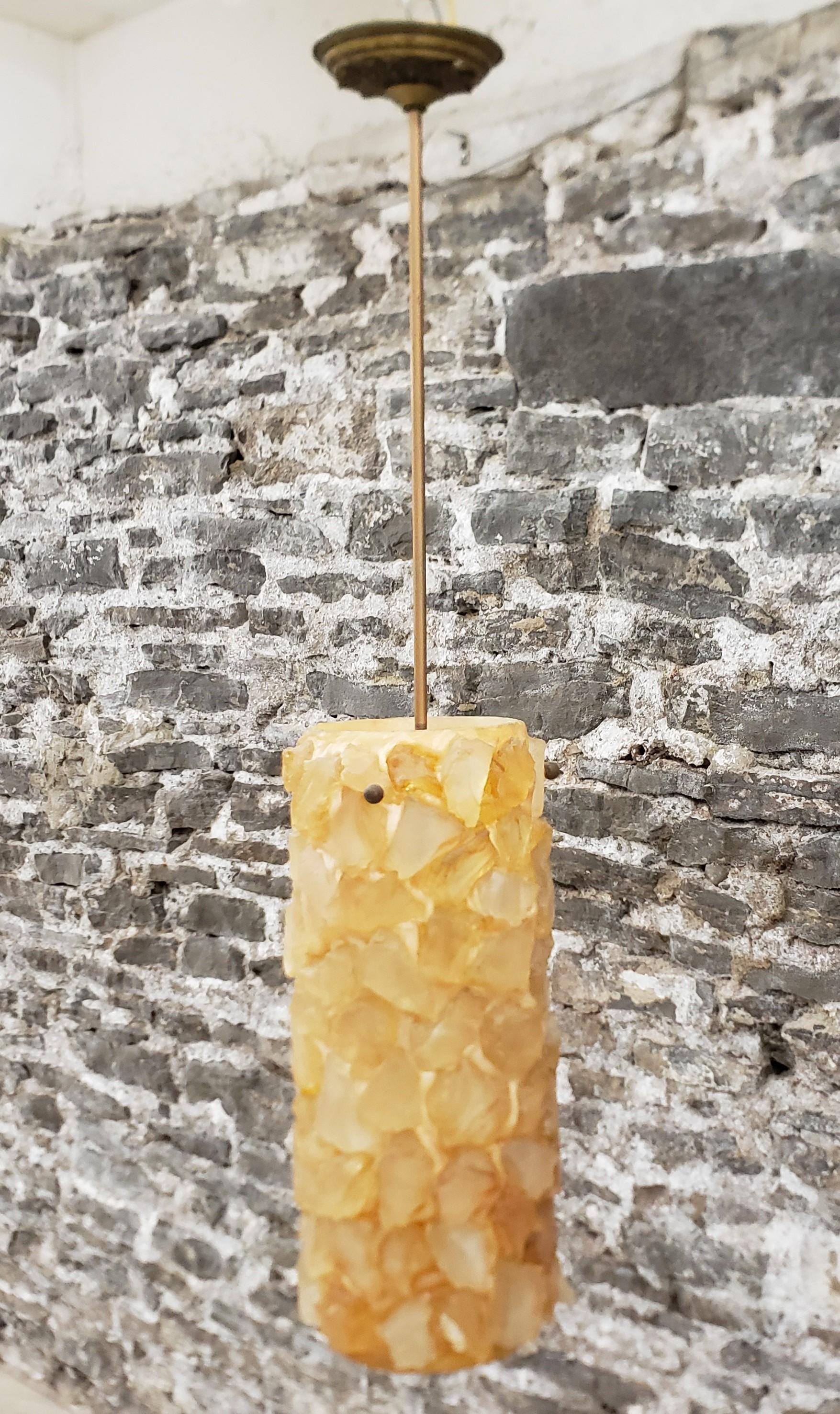 Hand-Crafted Mid-Century Modern Chunky Rock Peach Lucite Pendant Light with Brass Accents For Sale