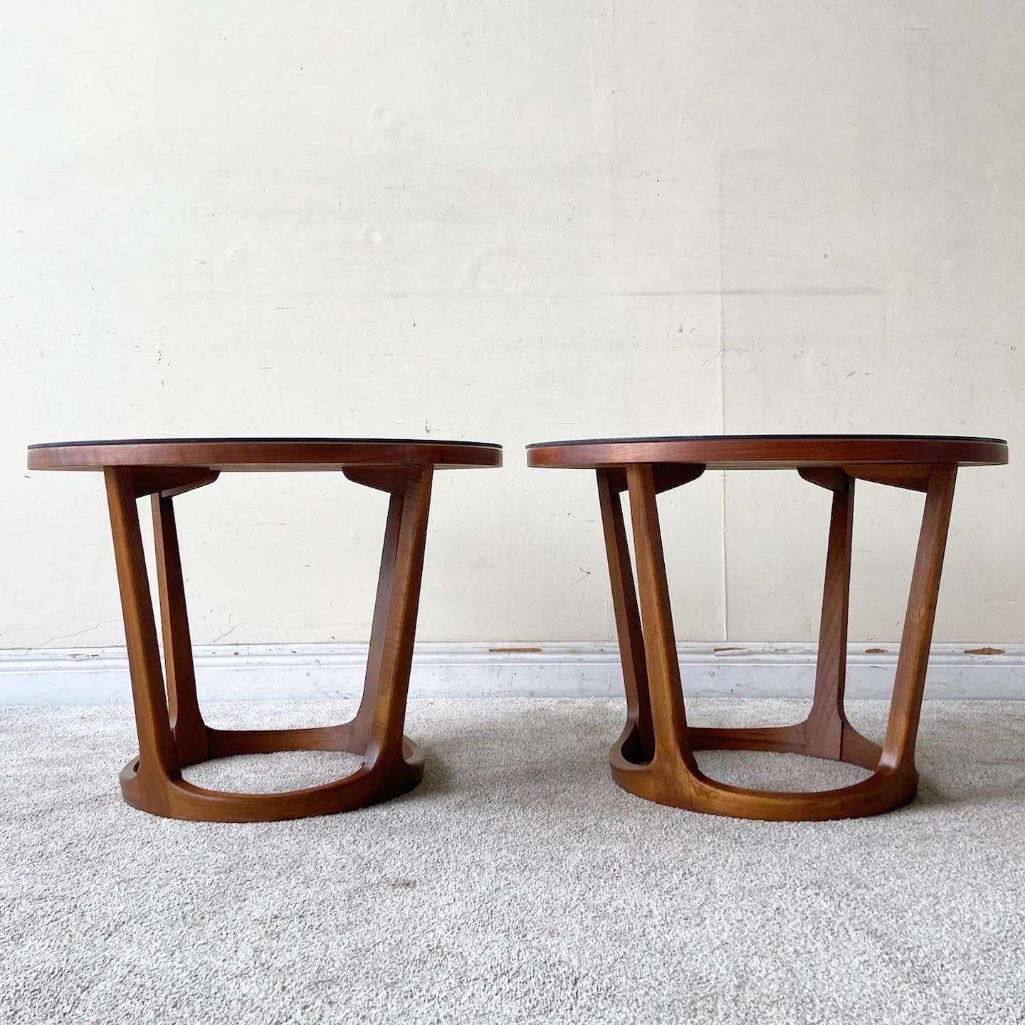 American Mid Century Modern Circular Walnut Side Tables With Smoked Glass Top - a Pair