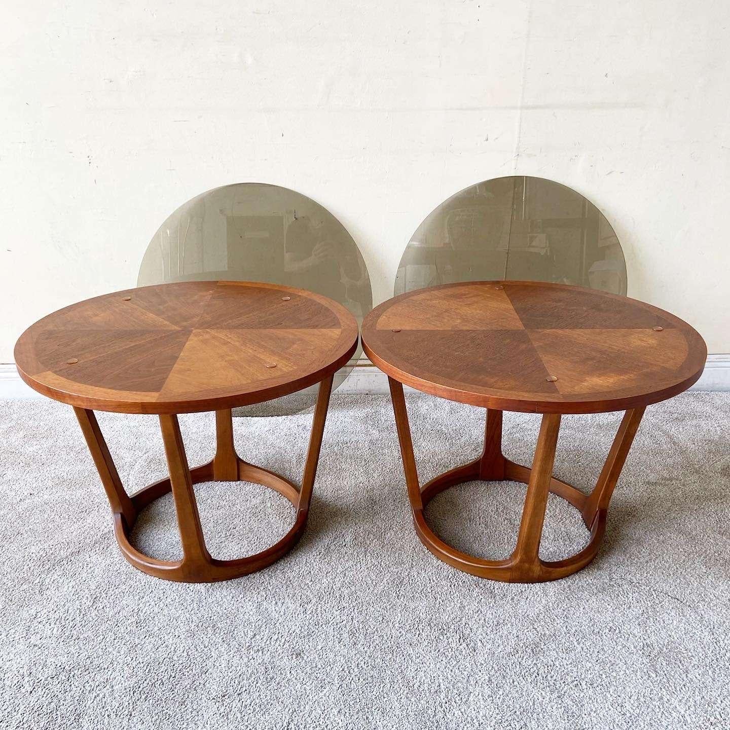 Mid-20th Century Mid Century Modern Circular Walnut Side Tables With Smoked Glass Top - a Pair