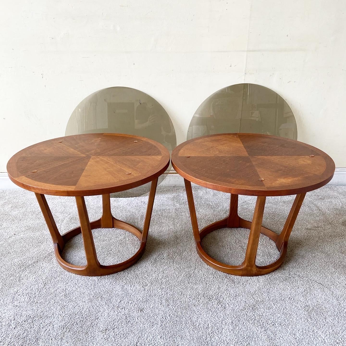 Mid-Century Modern Circular Walnut Side Tables with Smoked Glass Top by Lane 5