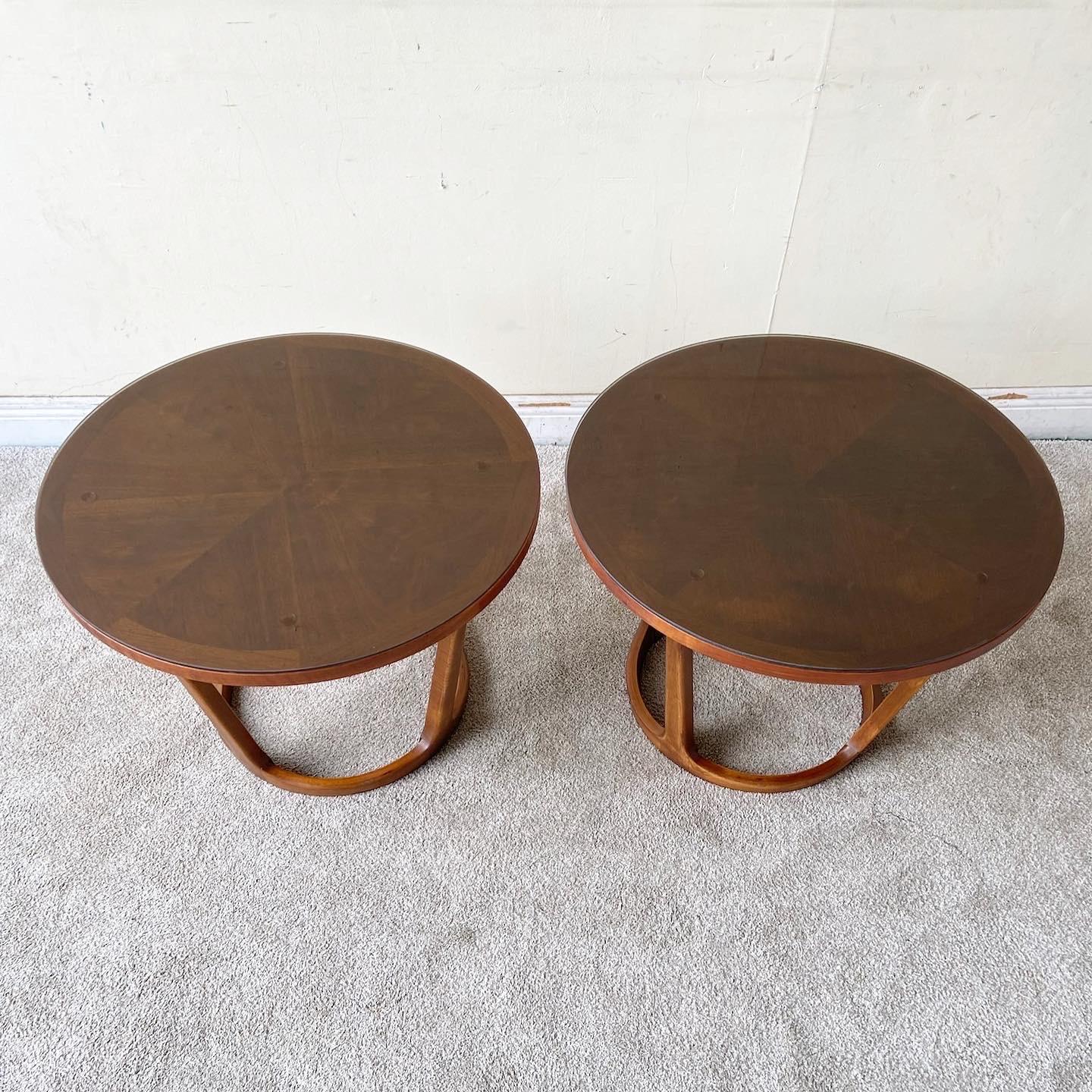 American Mid-Century Modern Circular Walnut Side Tables with Smoked Glass Top by Lane