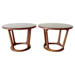 Mid-Century Modern Circular Walnut Side Tables with Smoked Glass Top by Lane
