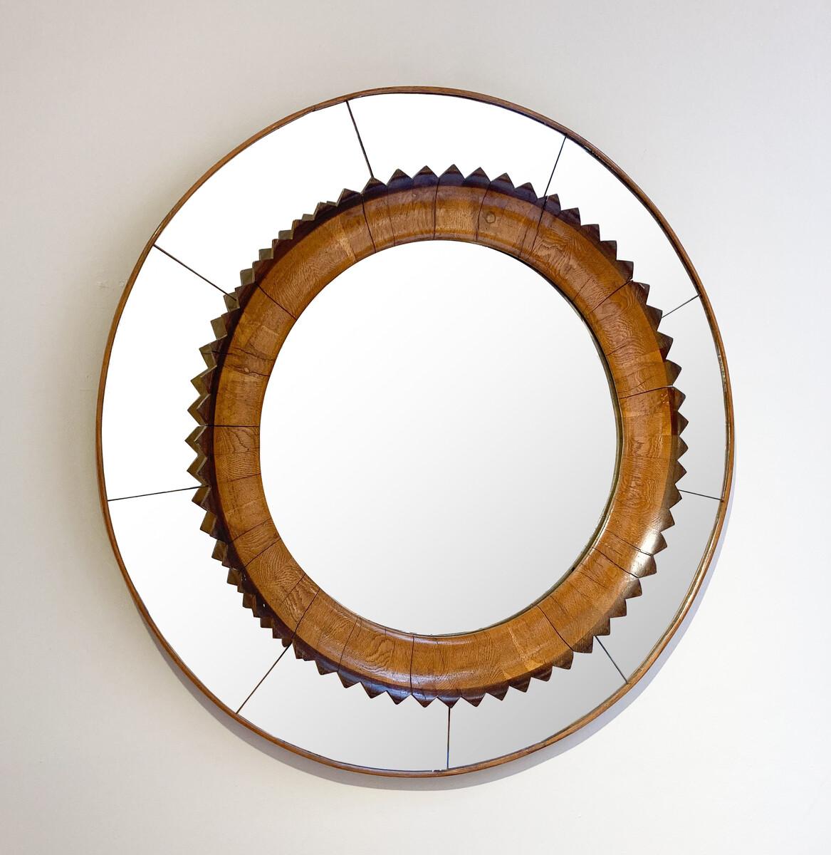 Glass Mid-Century Modern Circular Walnut Wall Mirror by Fratelli Marelli, Italy, 1950s For Sale