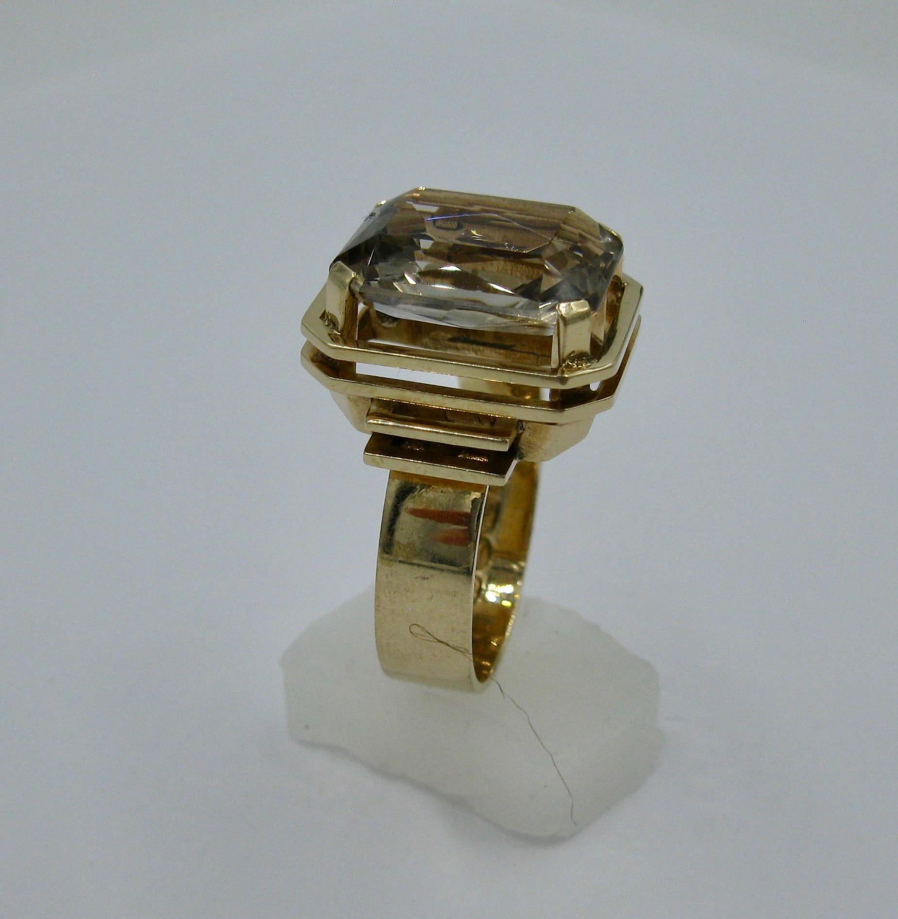 Emerald Cut Mid-Century Modern Citrine Ring Finland 14 Karat Gold 1960 Scandinavian Design