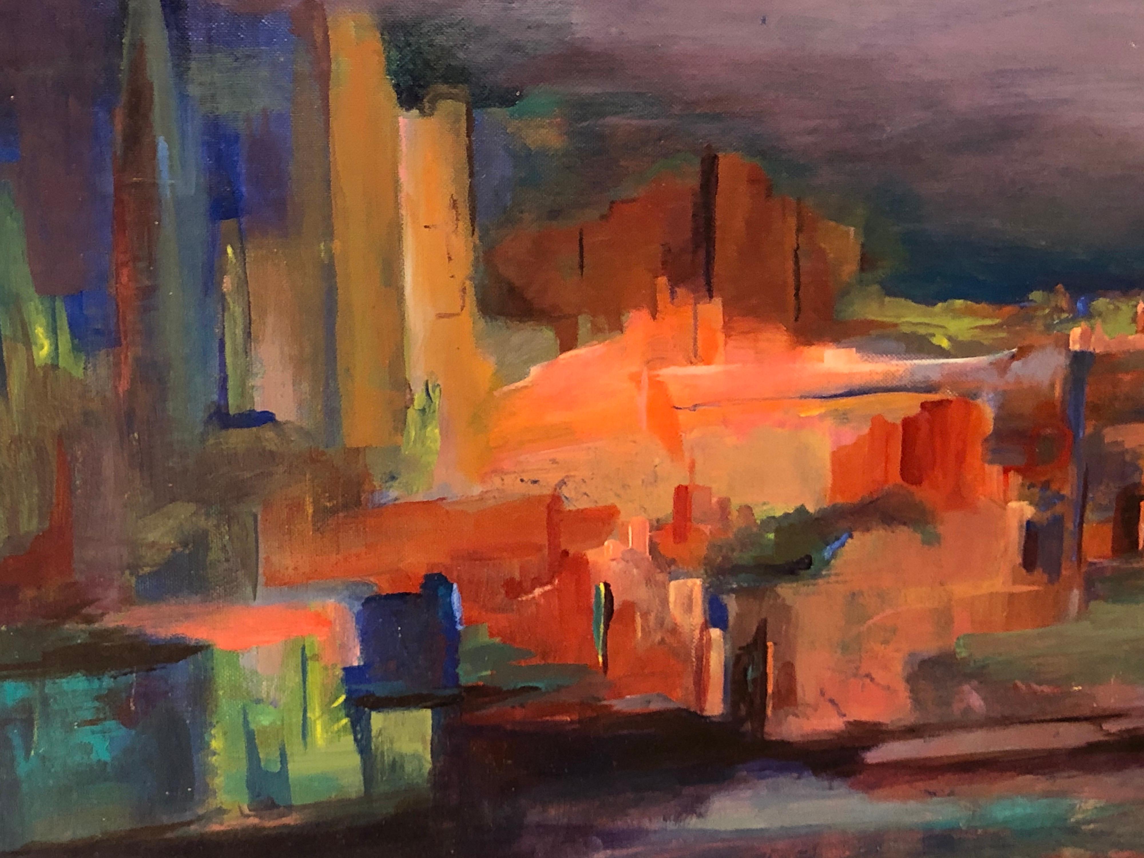 Mid-Century Modern Cityscape on Board For Sale 9