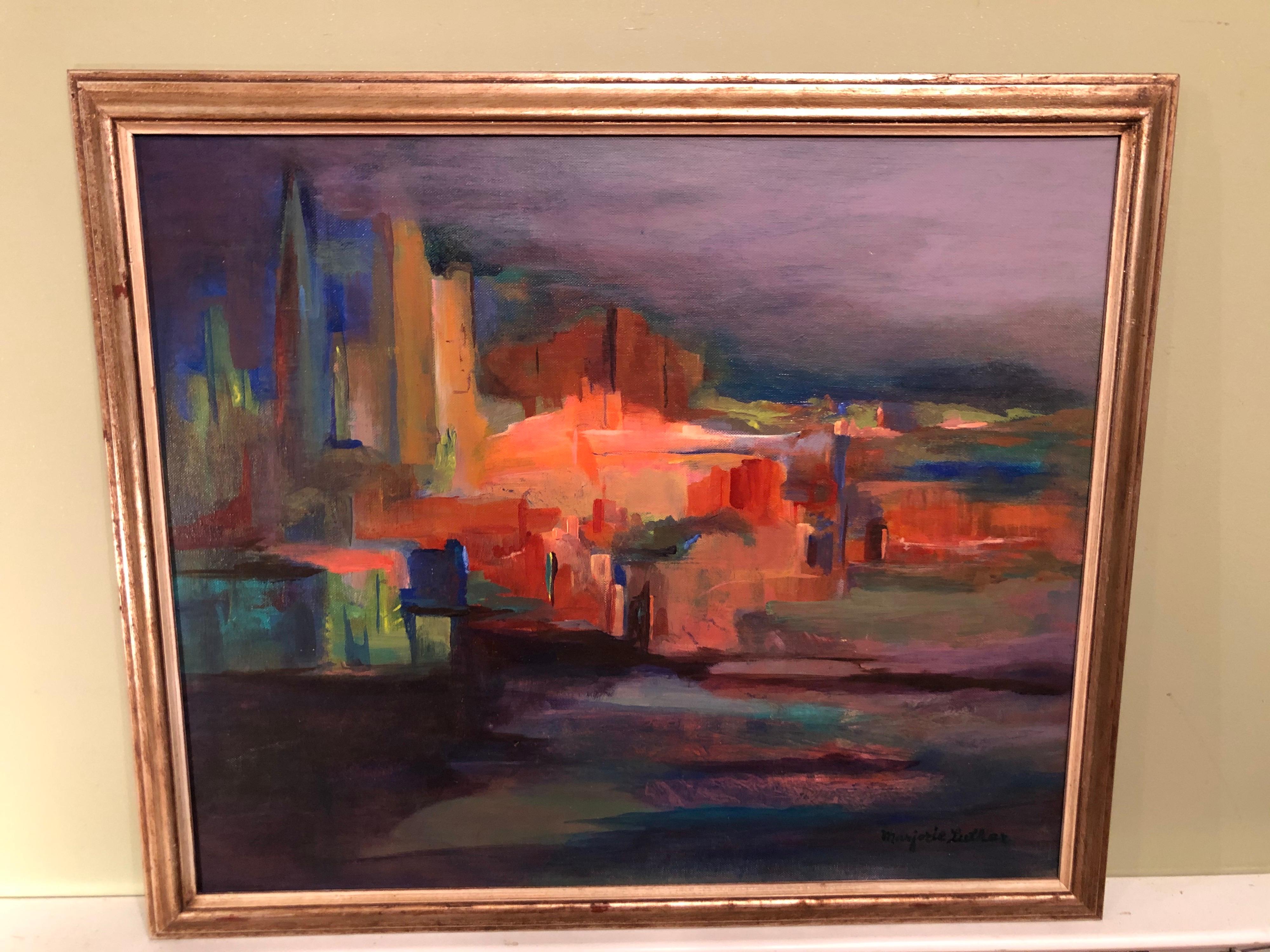 Mid-Century Modern cityscape on board. Deep rainbow of colors abstract of a cityscape. Framed and Signed Marjorie M. Luther.