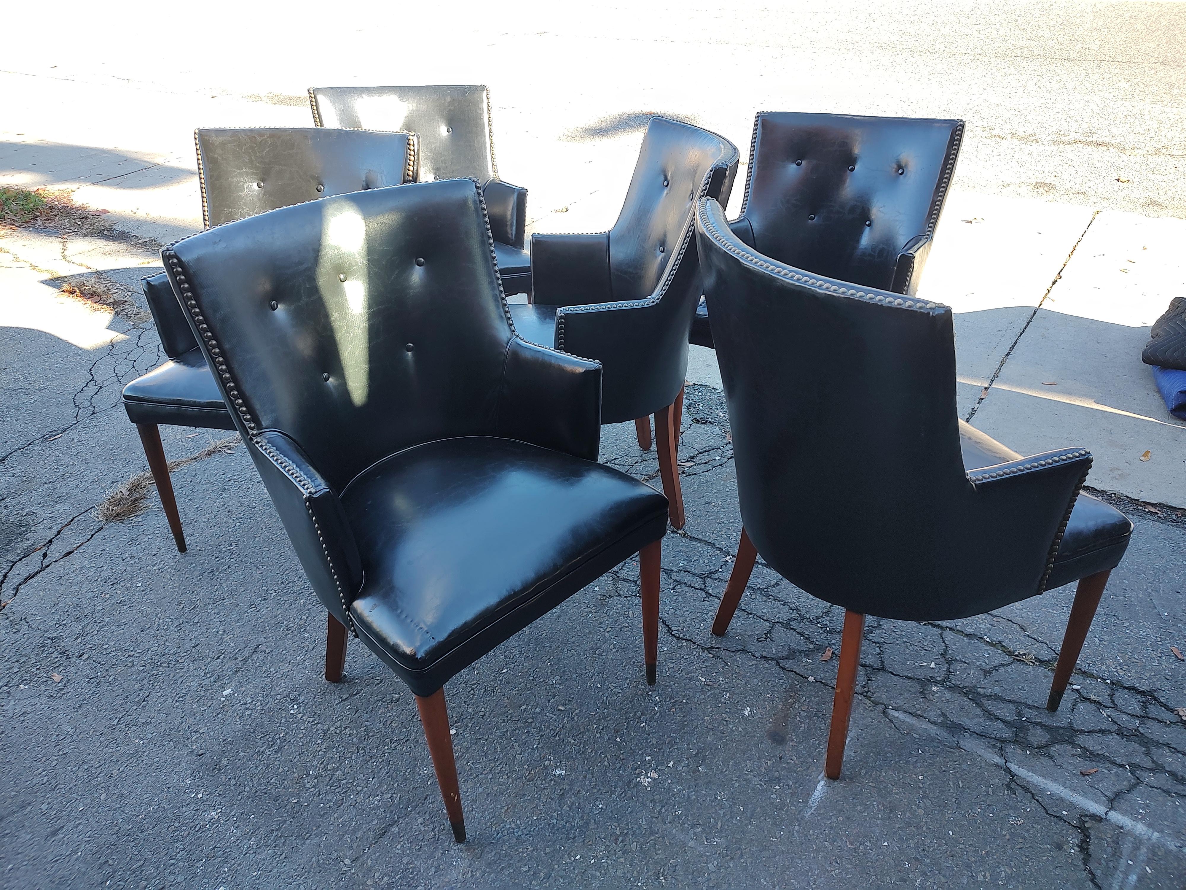 Mid Century Modern Classic Faux Black Leather Set of 6 Dining Chairs C1960 For Sale 7