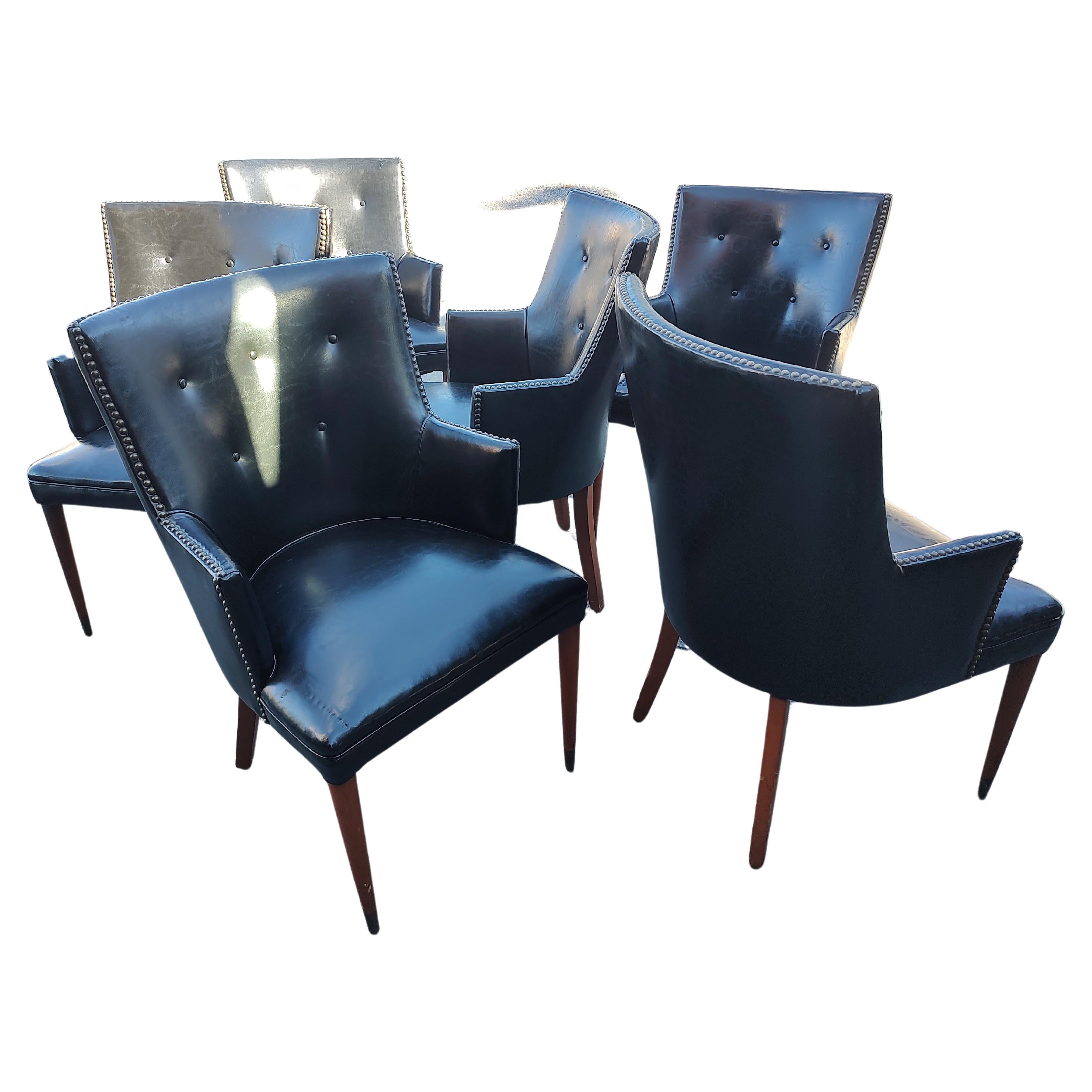 Mid-Century Modern Set de 6 chaises de salle à manger en faux cuir noir Classic Mid Century Modern C1960 en vente