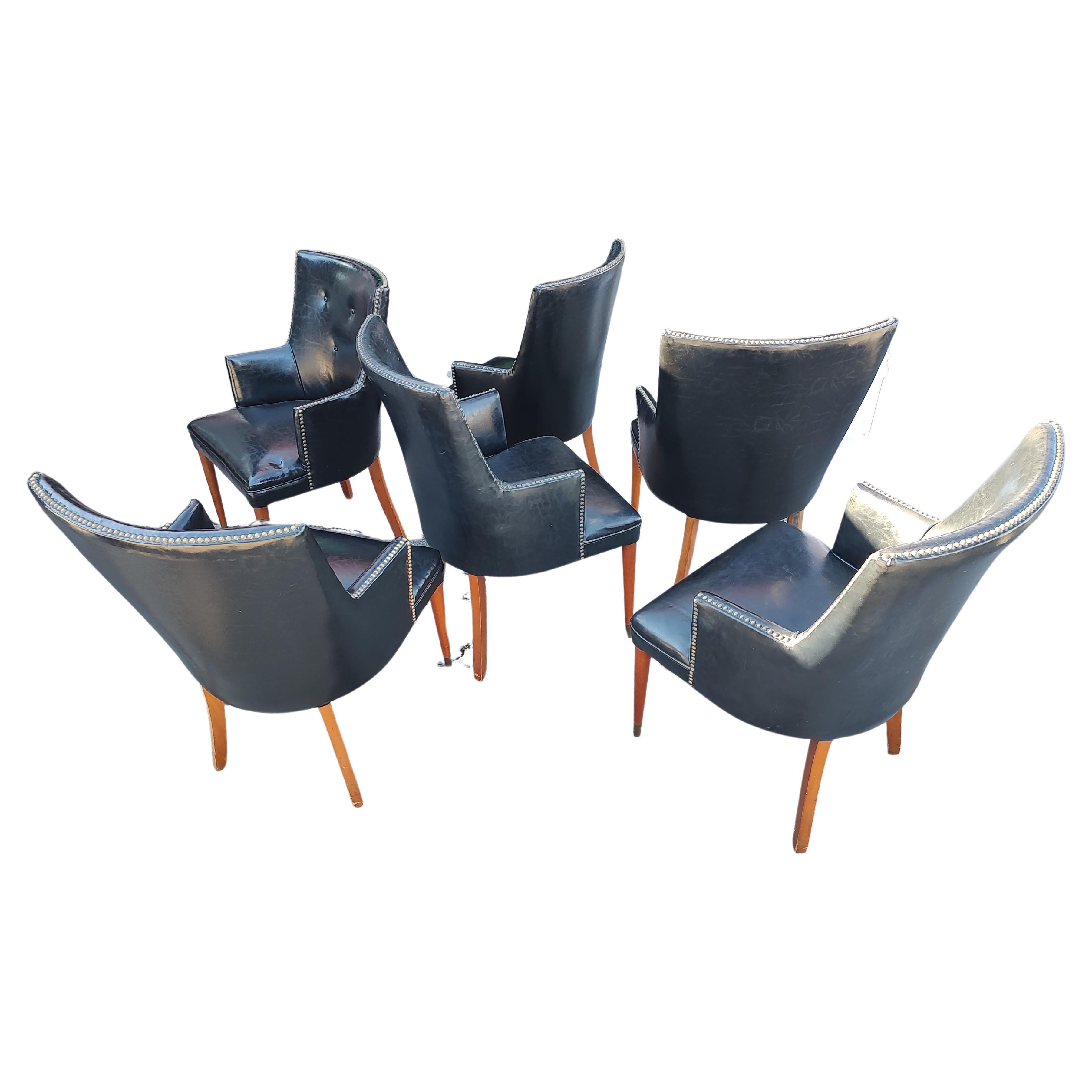 Mid Century Modern Classic Faux Black Leather Set of 6 Dining Chairs C1960 For Sale 3
