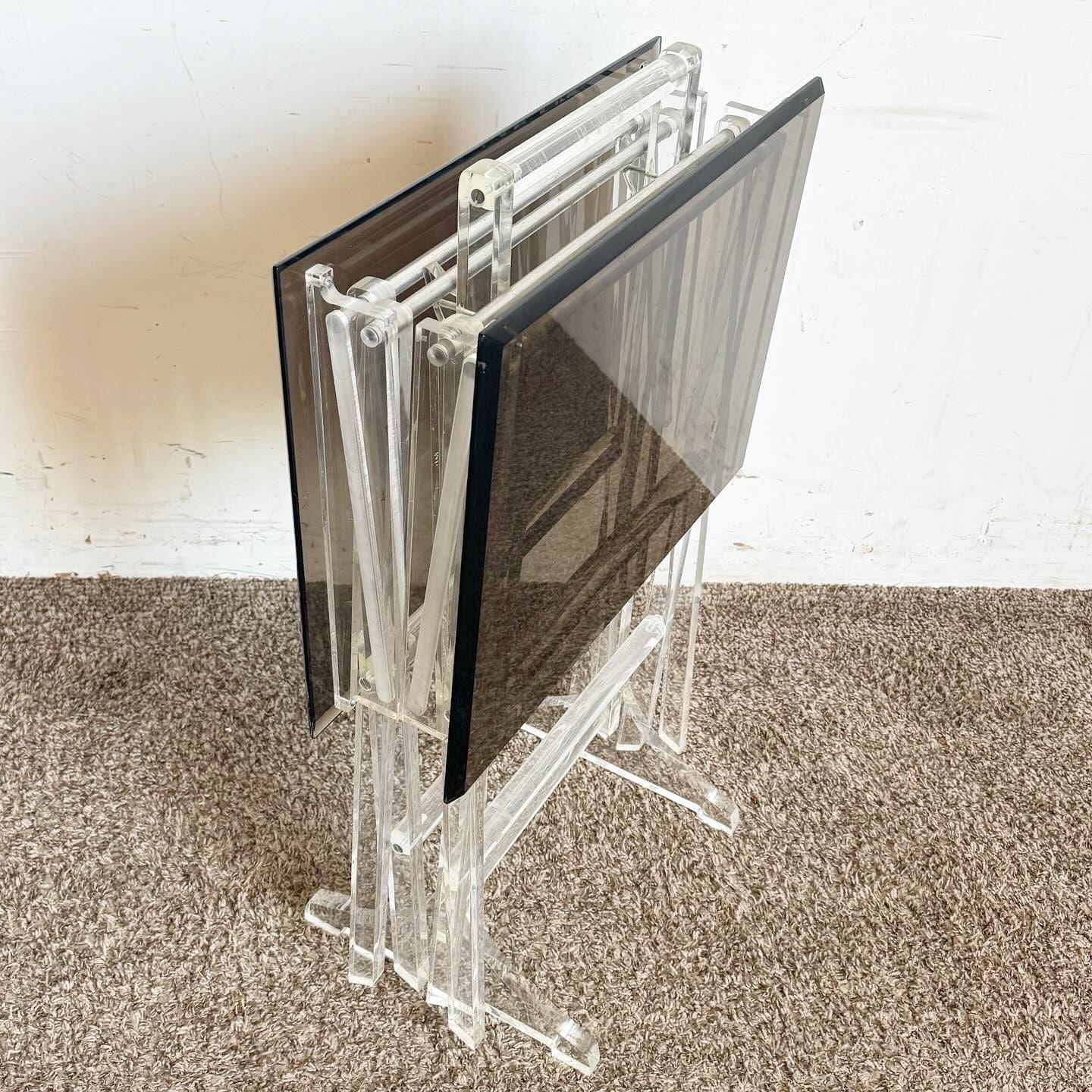 Mid Century Modern Clear and Smoked Lucite Gold Up Tray Table Set - 3 Pieces For Sale 5