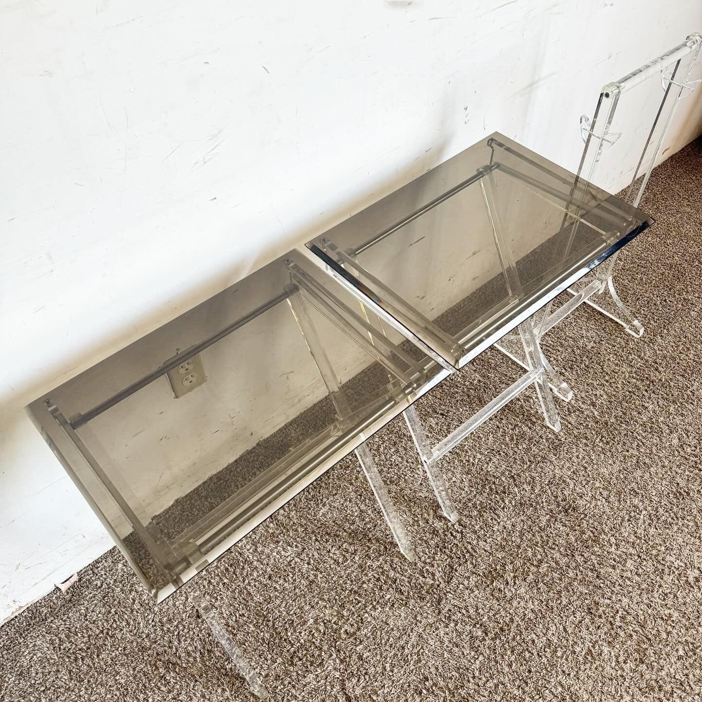 American Mid Century Modern Clear and Smoked Lucite Gold Up Tray Table Set - 3 Pieces For Sale
