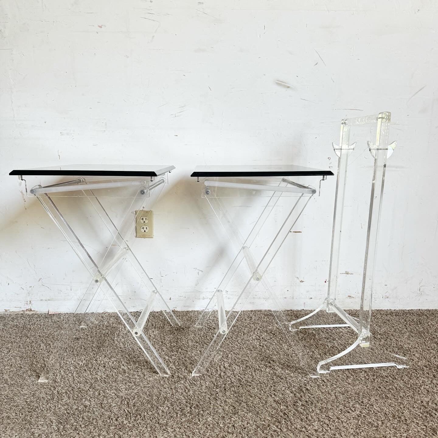 Mid Century Modern Clear and Smoked Lucite Gold Up Tray Table Set - 3 Pieces For Sale 3