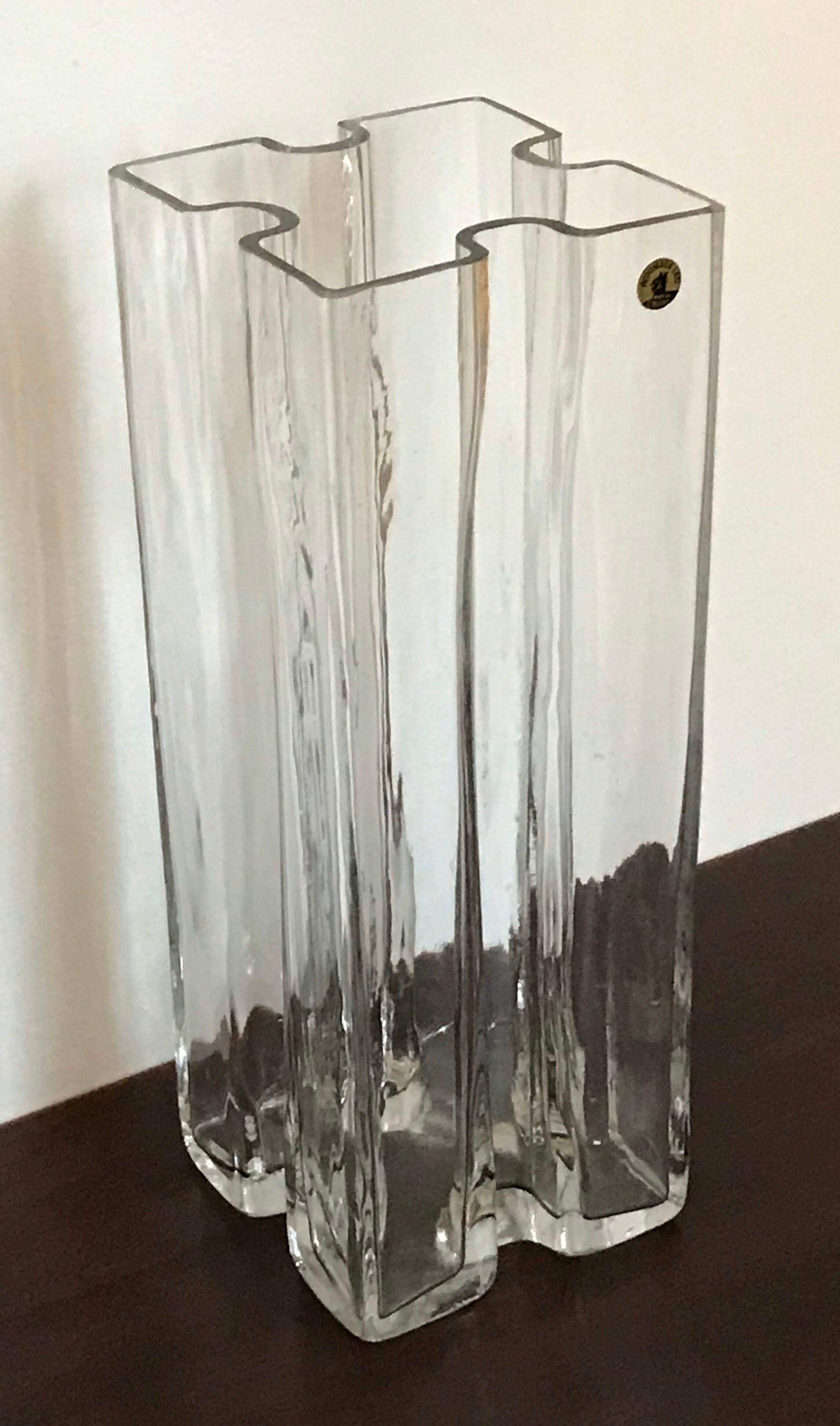 Beautiful clear crystal tower vase by Tamara Aladin for Riihimaen Lasi, Finland.