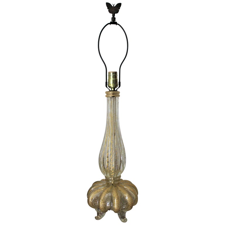 MidCentury Modern Clear Footed Murano Art Glass Table Lamp with Aventurine For Sale at 1stDibs