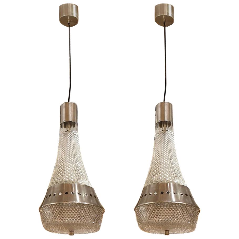Clear Glass and Steel Pair of Pendant ceiling Lights - Set of 6 For Sale