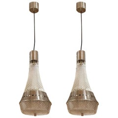 Clear Glass and Steel Pair of Pendant ceiling Lights 