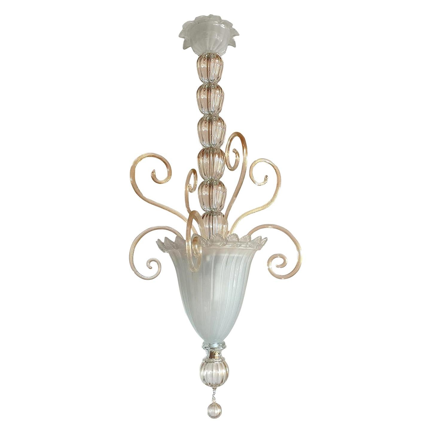 White Murano Glass Chandelier Attributed to Venini Italy