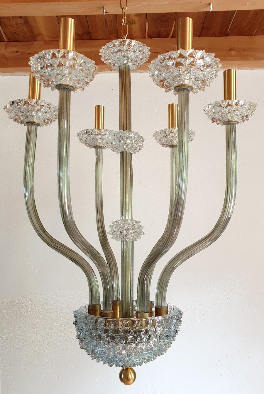 Hand-Crafted Mid-Century Modern Rostrato Clear/Light Green Murano Textured Glass Chandelier