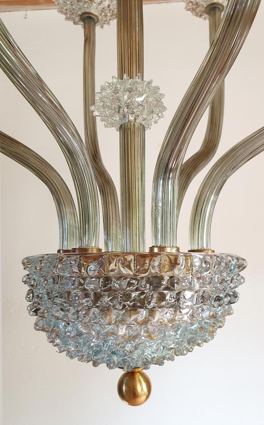 Mid-Century Modern Rostrato Clear/Light Green Murano Textured Glass Chandelier In Excellent Condition In Dallas, TX