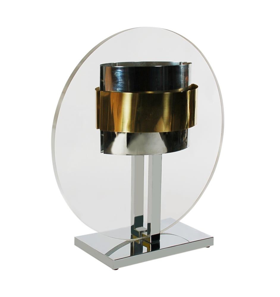 American Mid-Century Modern Clear Lucite Brass and Chrome Table Lamp by Pierre Cardin