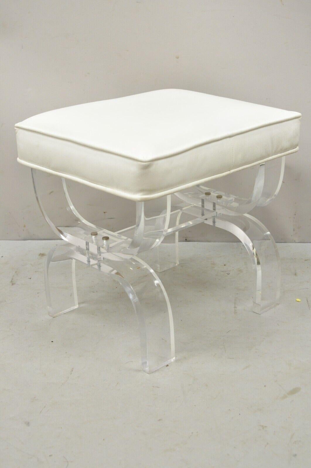 Mid-Century Modern Clear Lucite X-Form Stretcher Base Vanity Bench 2