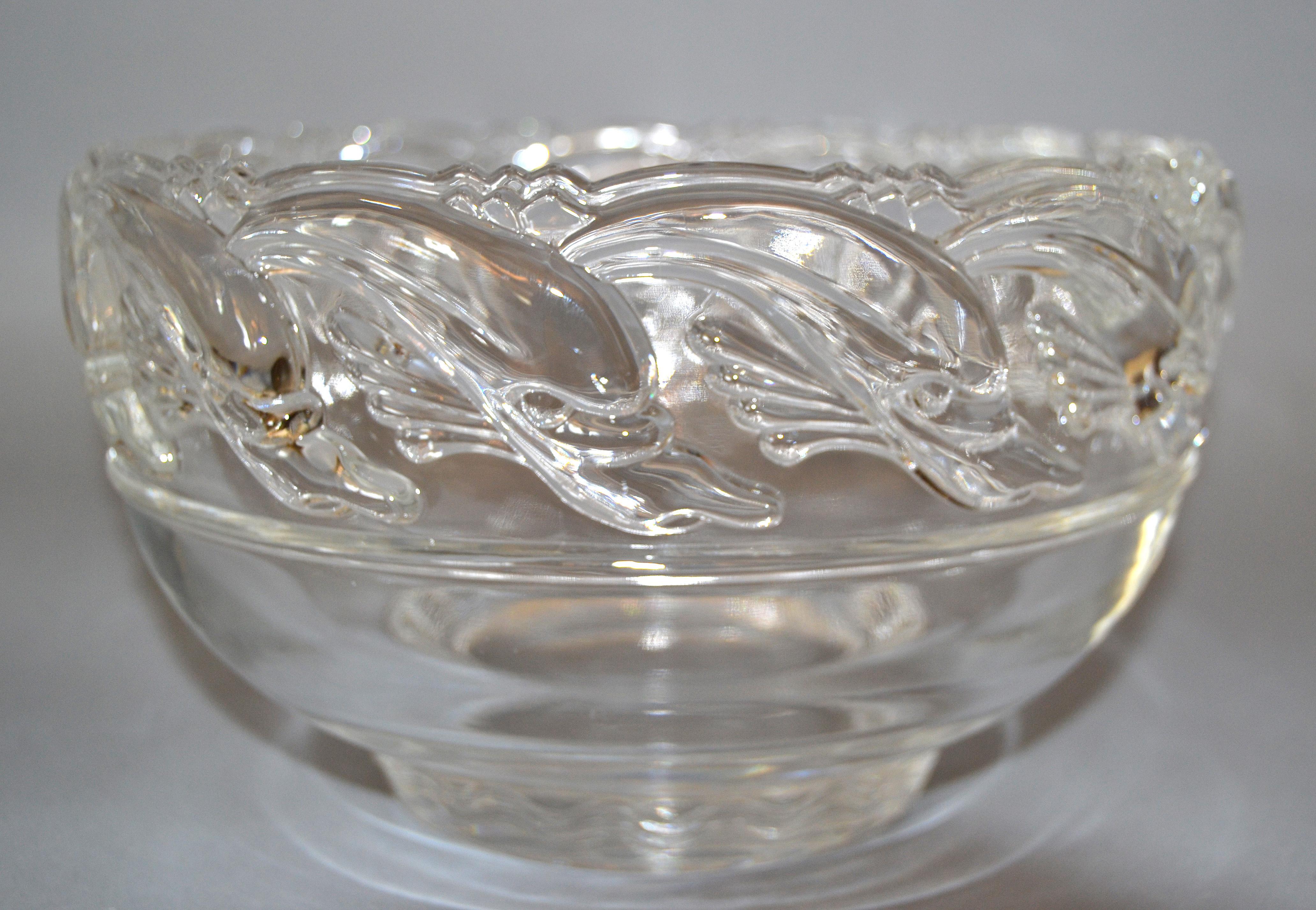 Mid-Century Modern Clear Tiffany & Company Art Glass Crystal Bowl with Dolphins For Sale 3