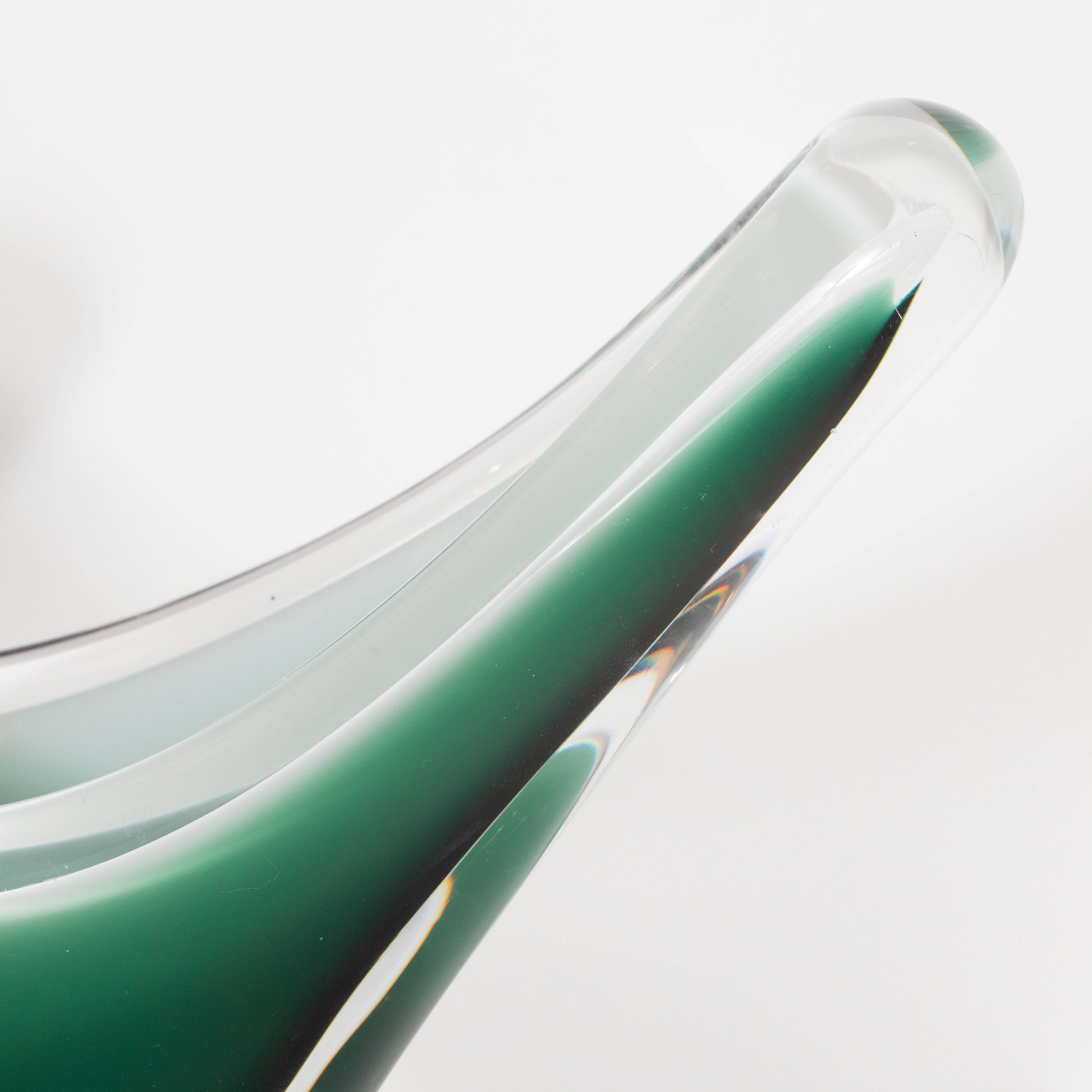 Italian Mid-Century Modern Clear, White and Emerald Handblown Murano Glass Bowl