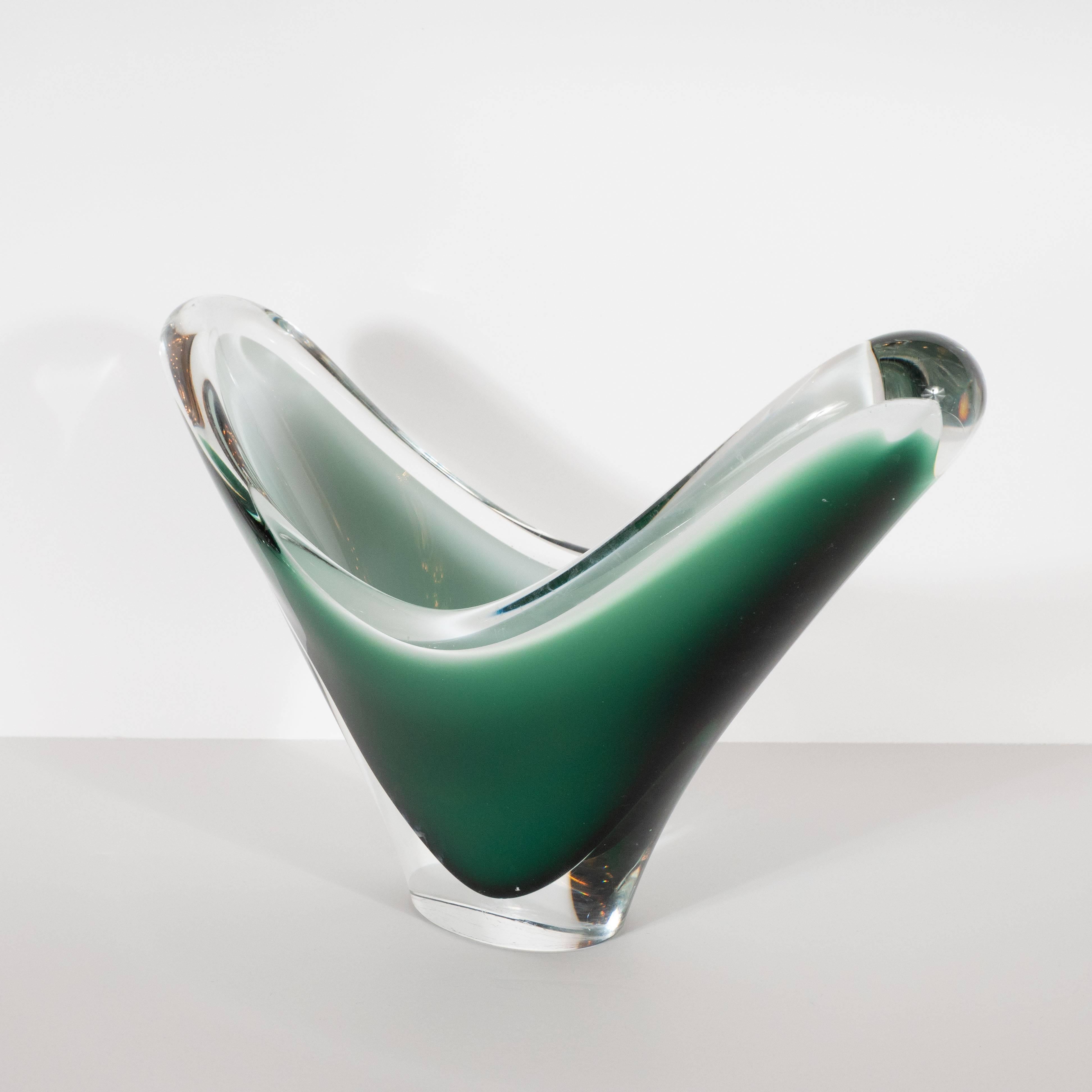 Mid-20th Century Mid-Century Modern Clear, White and Emerald Handblown Murano Glass Bowl