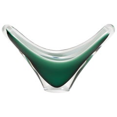 Mid-Century Modern Clear, White and Emerald Handblown Murano Glass Bowl