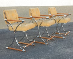 Mid-Century Modern Cleo Baldon Style Chrome Bar Stool Arm Chairs Set of 3