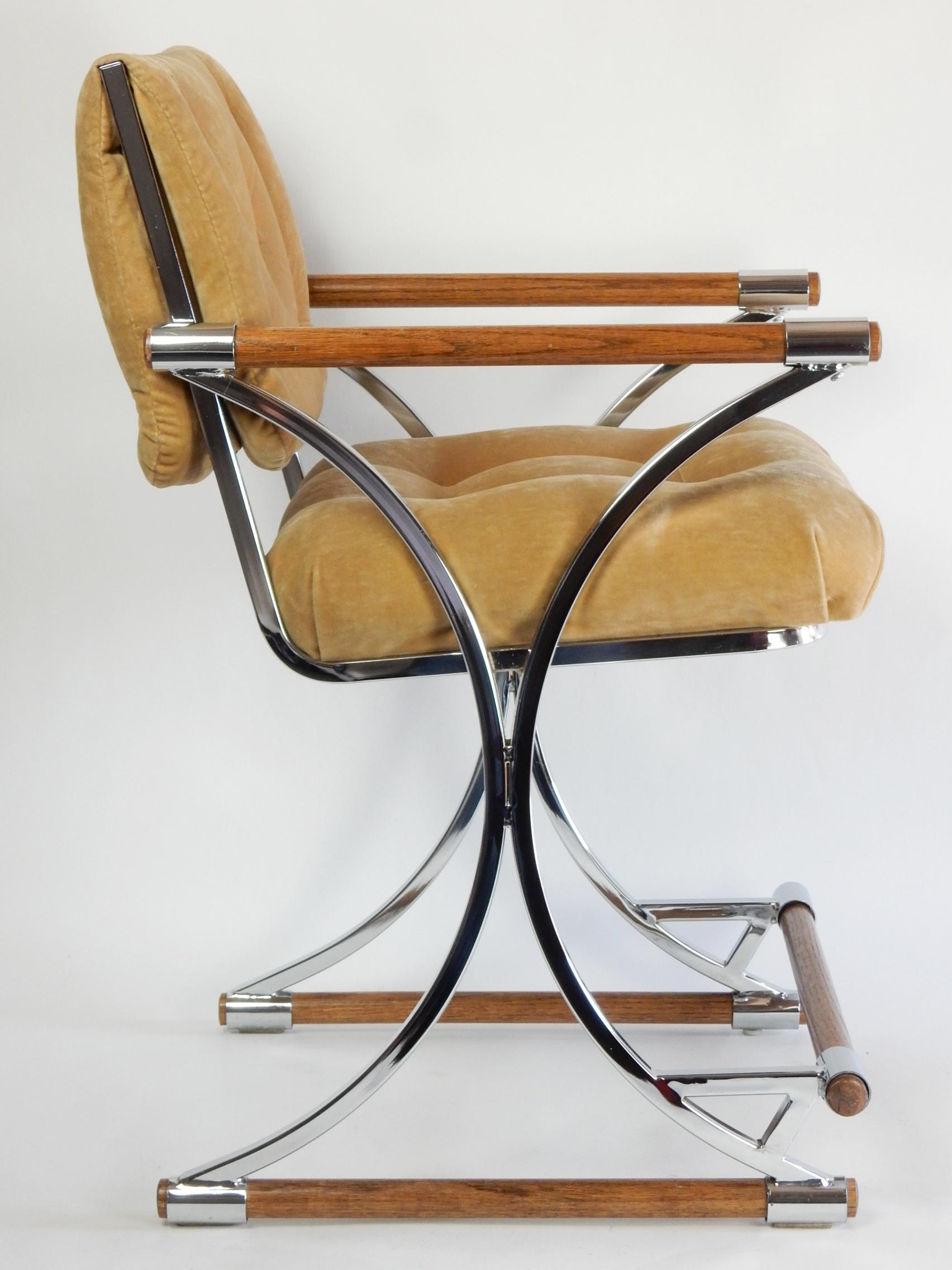 Wood Mid-Century Modern Cleo Baldon Style Chrome Bar Stool Arm Chairs Set of 3