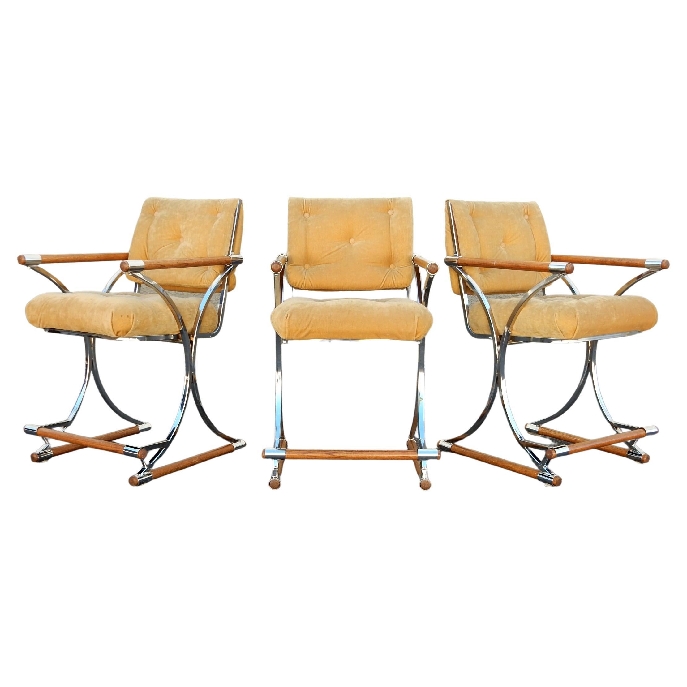 Mid-Century Modern Cleo Baldon Style Chrome Bar Stool Arm Chairs Set of 3 3