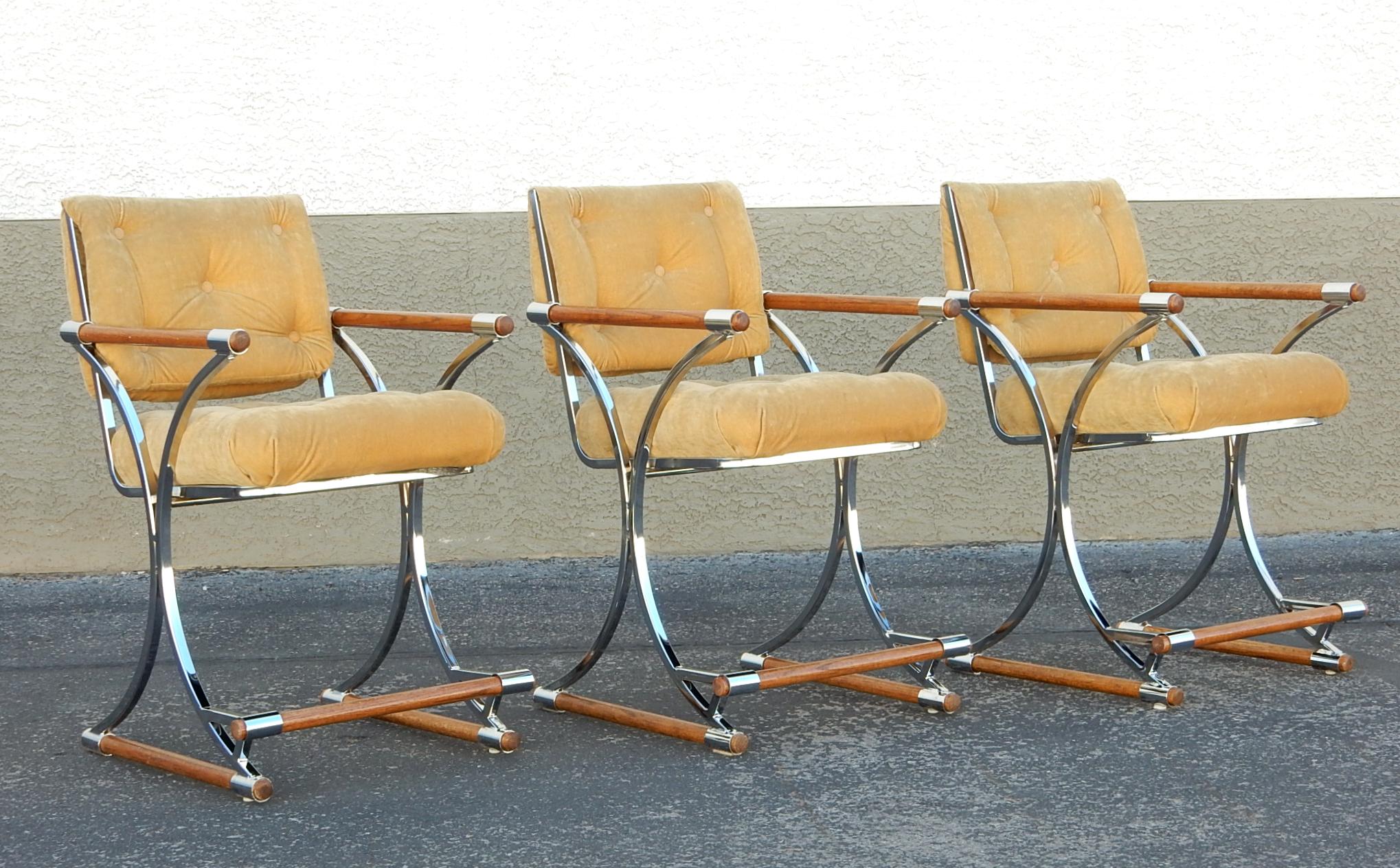 Mid-Century Modern Cleo Baldon Style Chrome Bar Stool Arm Chairs Set of 3 4