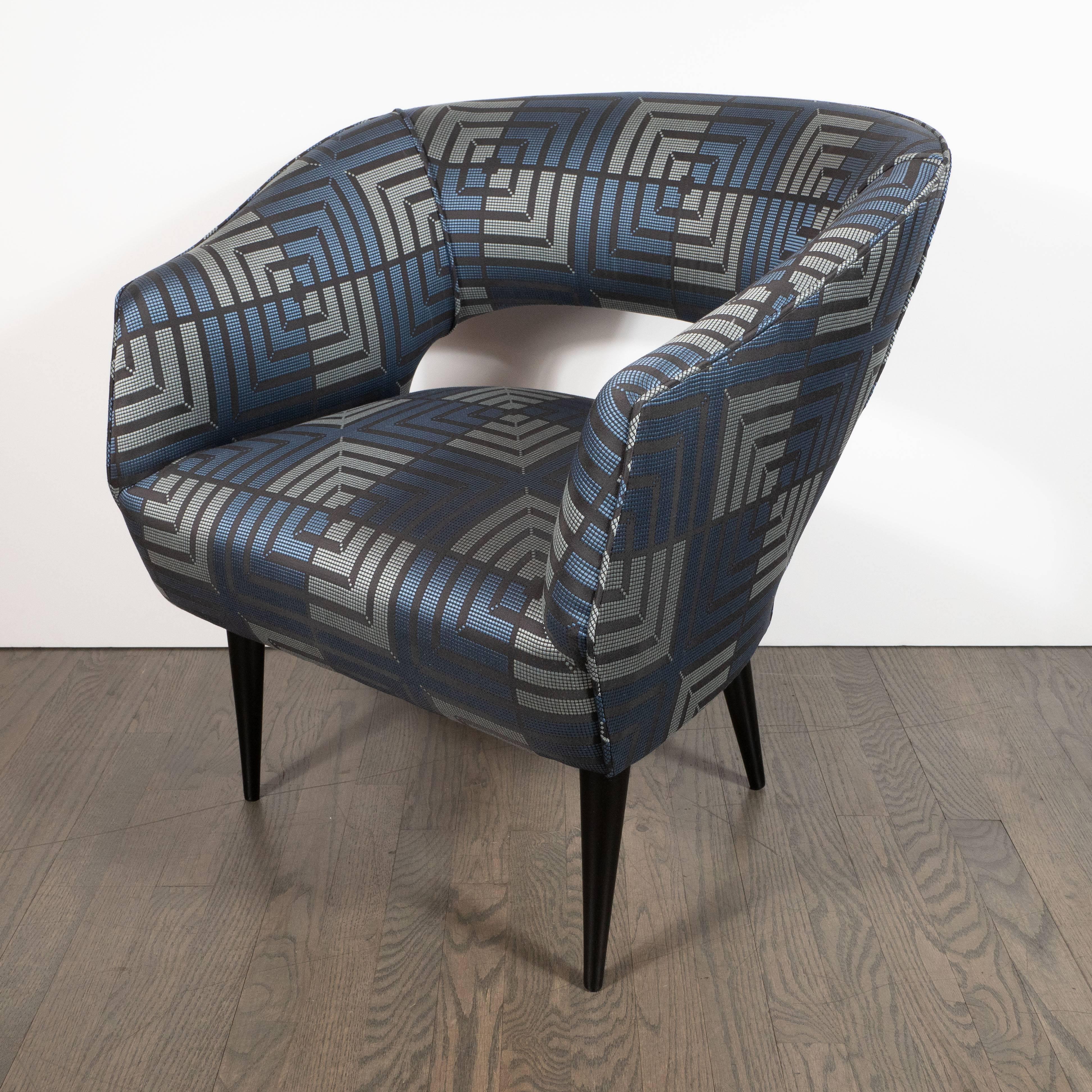Mid-Century Modern Club Chair in Sapphire & Platinum Fabric with Ebonized Walnut In Excellent Condition For Sale In New York, NY