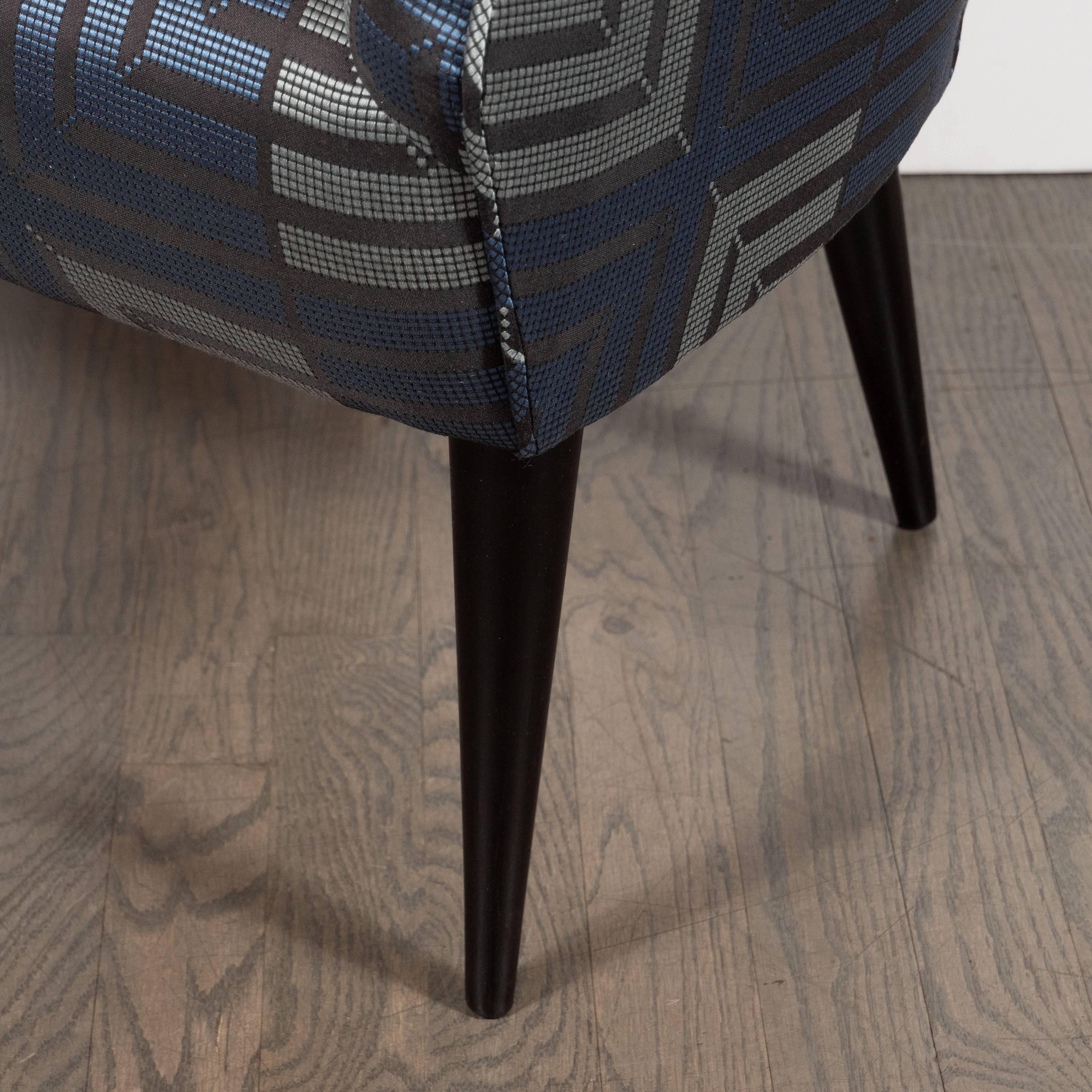 Mid-20th Century Mid-Century Modern Club Chair in Sapphire & Platinum Fabric with Ebonized Walnut For Sale