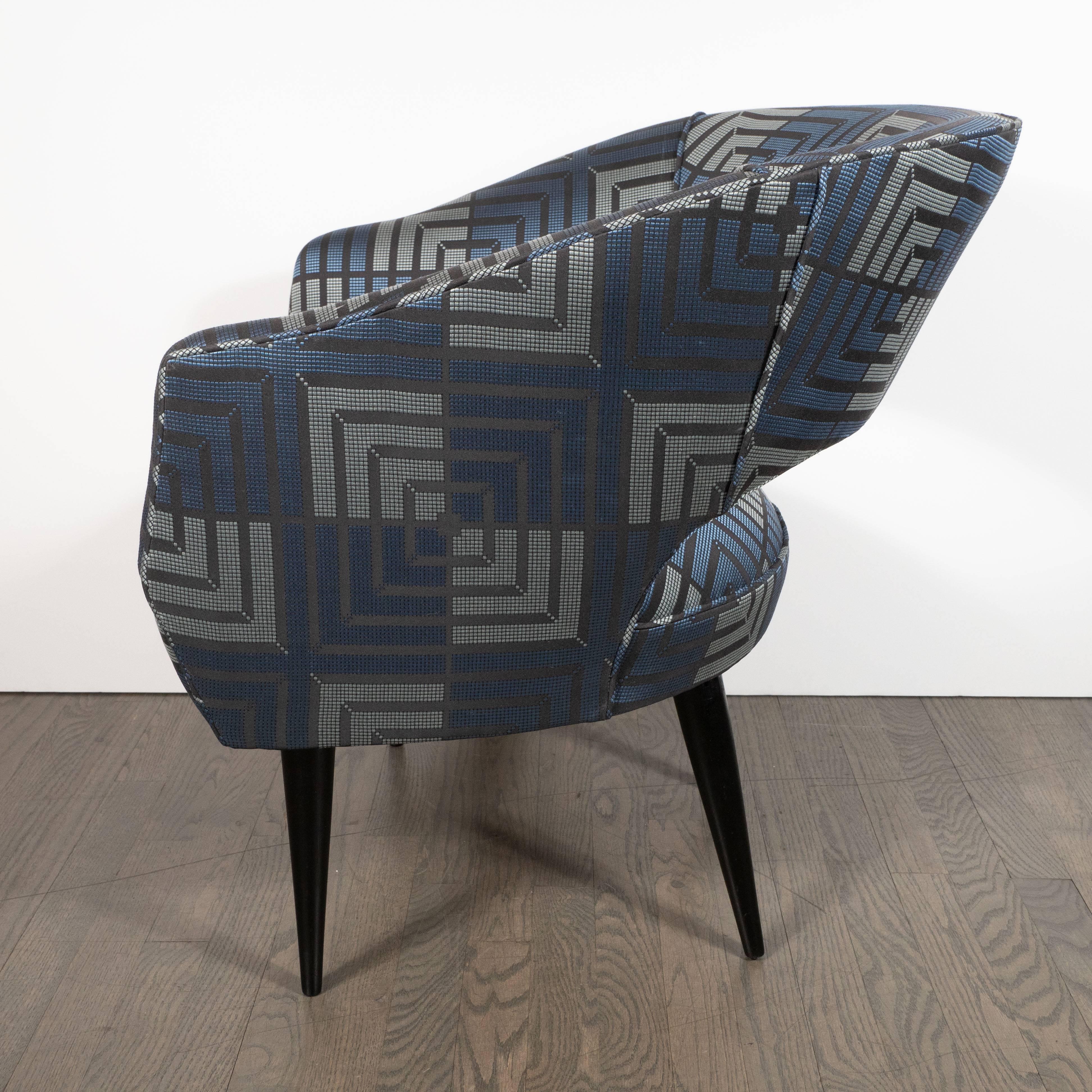 Mid-Century Modern Club Chair in Sapphire & Platinum Fabric with Ebonized Walnut For Sale 1