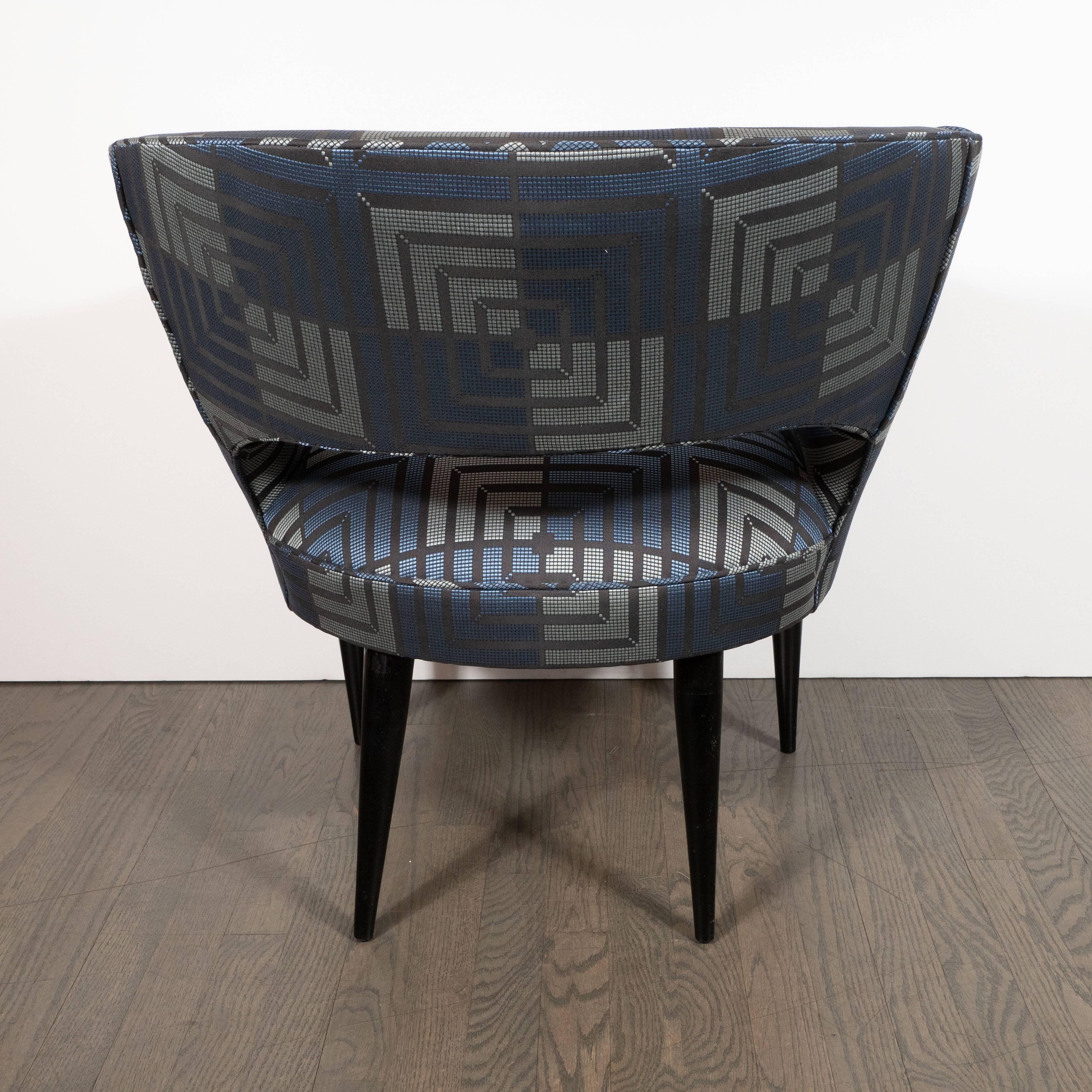 Mid-Century Modern Club Chair in Sapphire & Platinum Fabric with Ebonized Walnut For Sale 2