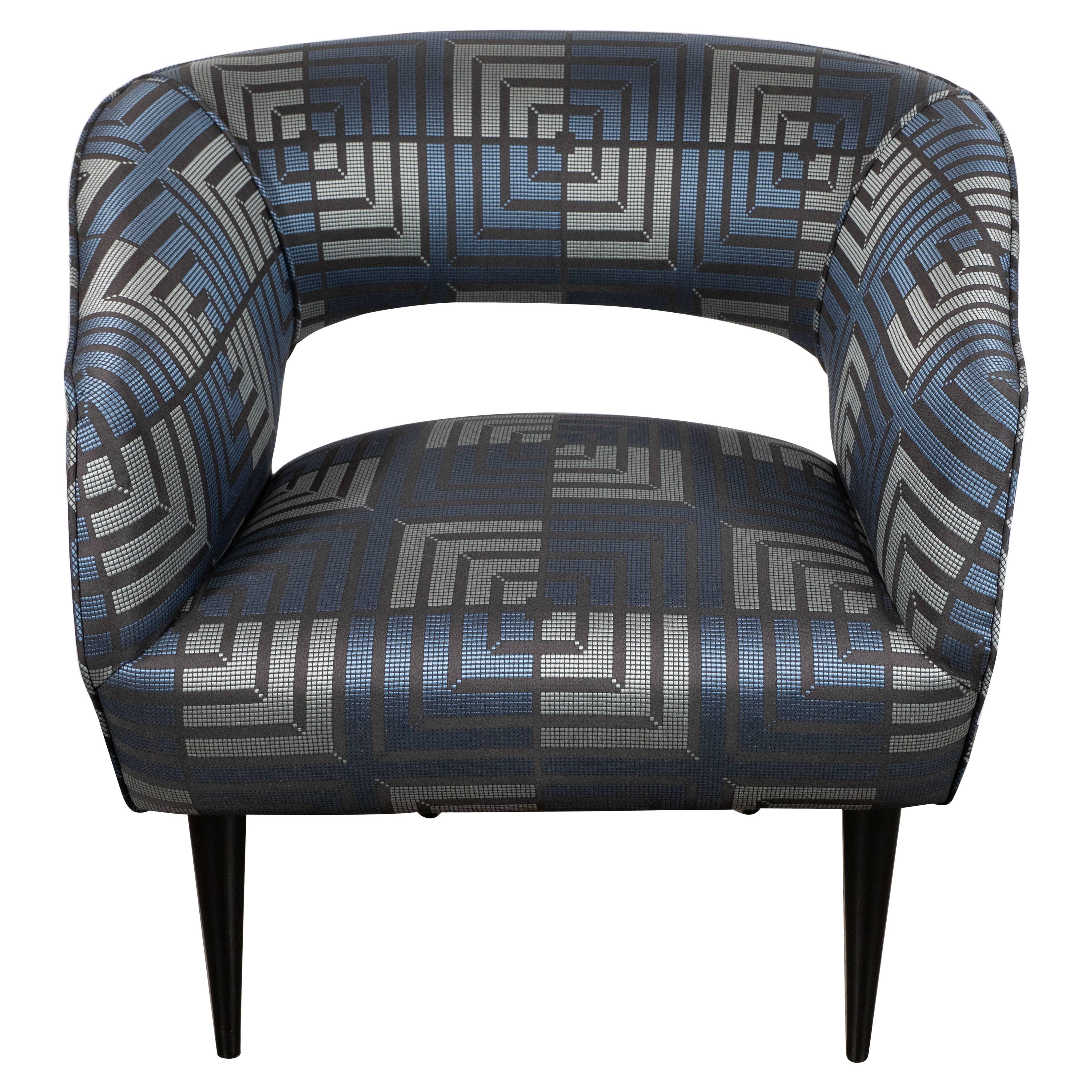 Mid-Century Modern Club Chair in Sapphire & Platinum Fabric with Ebonized Walnut