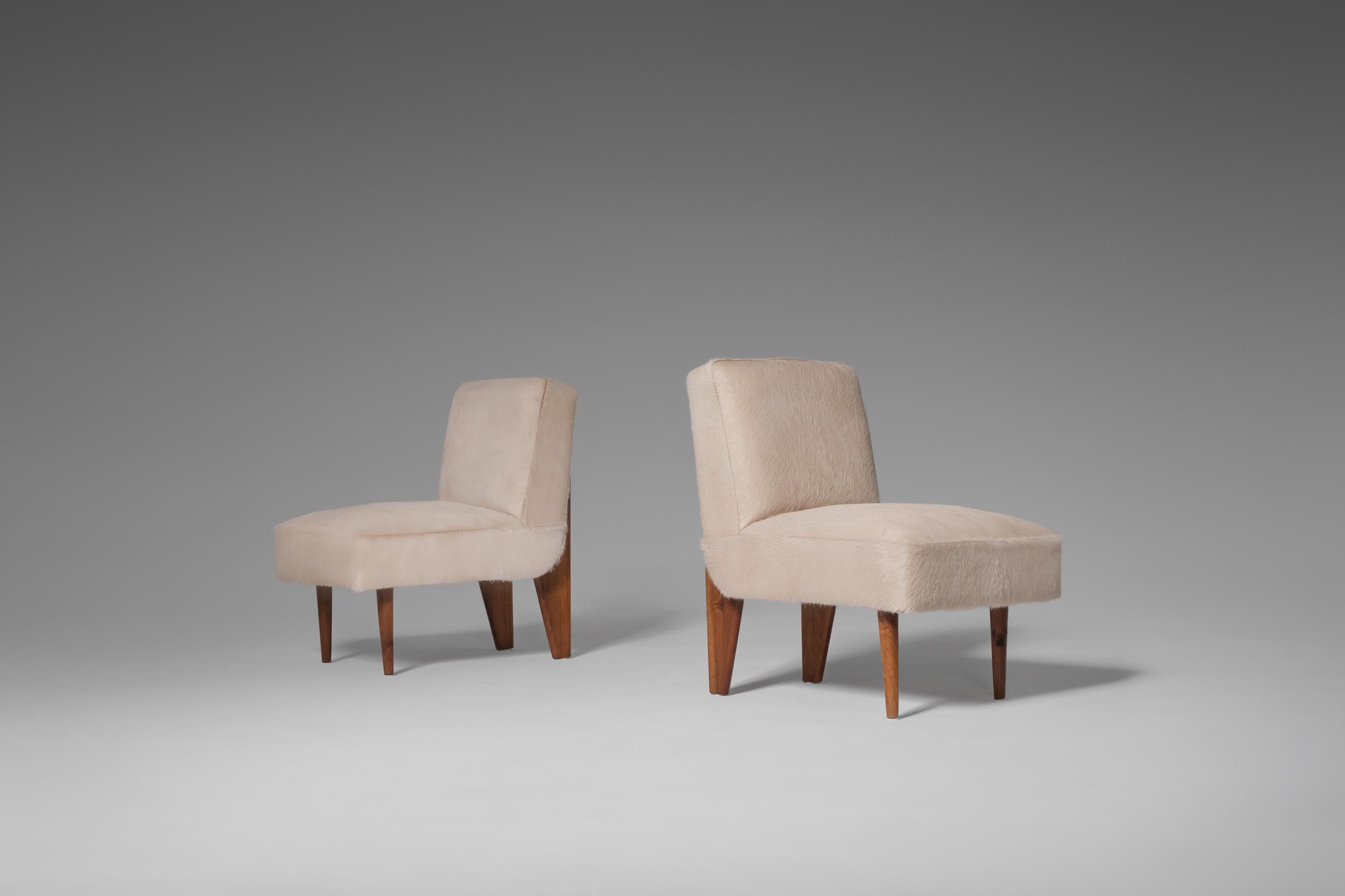 French Mid-Century Modern Club Chairs in Pony Hide and Walnut