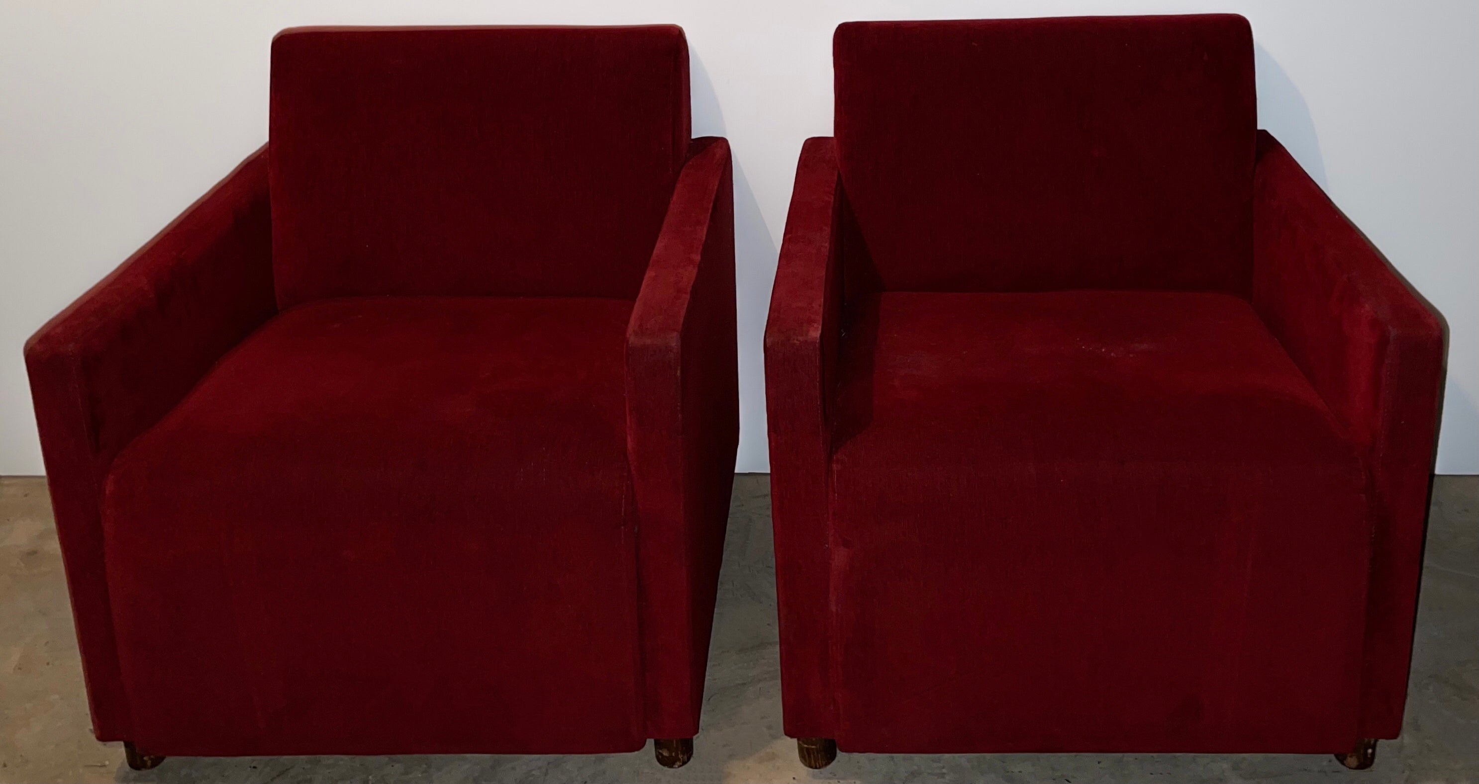 This is a pair of modern Deco inspired steelcase club chairs by Coalesse in Grand Rapids, Michigan. They are in original condition, so the age wear is evident. The chairs have the original label, which indicates fabrication in 1967.
