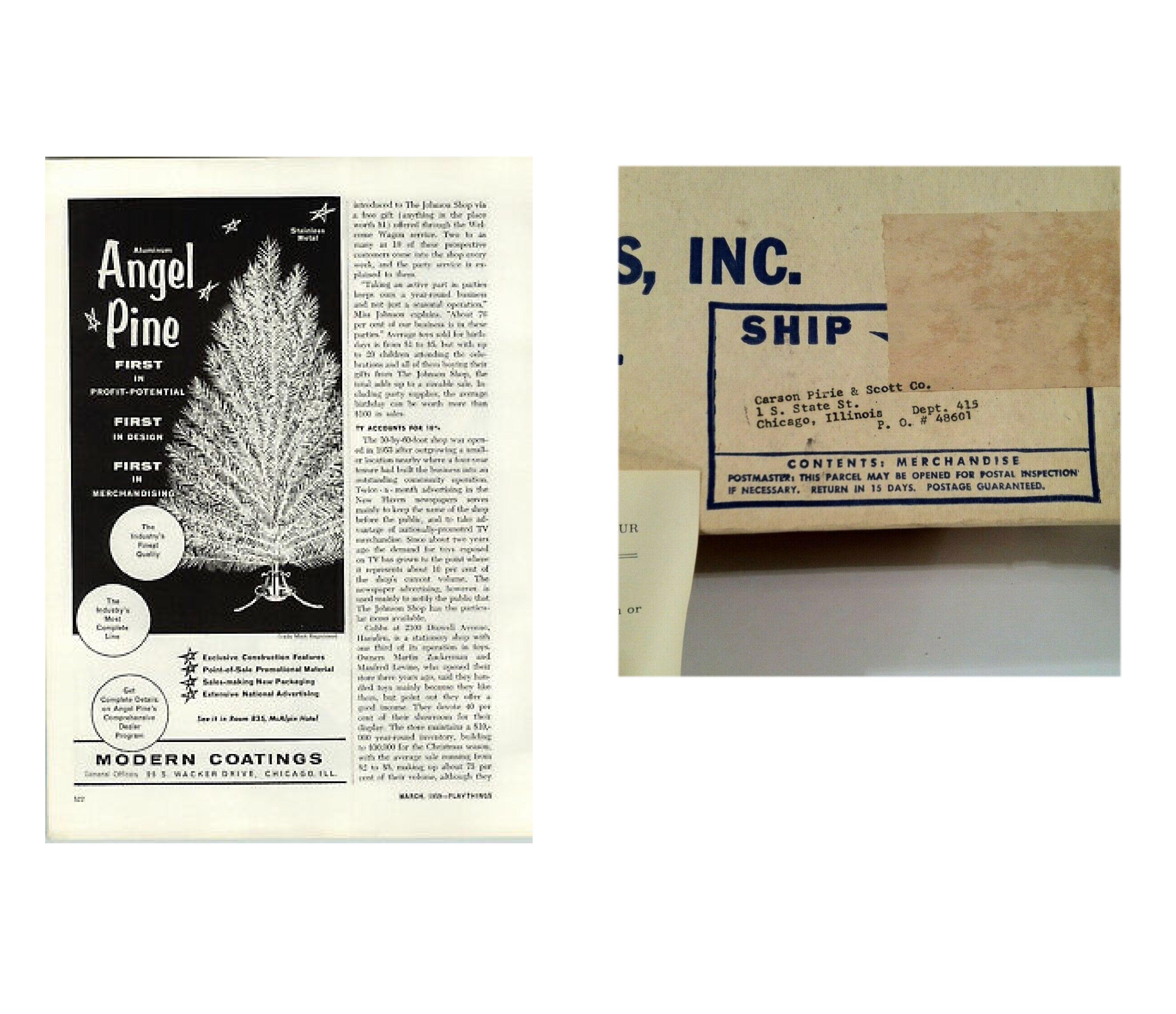 Mid-Century Modern coatings Aluminum Christmas Tree New in Box 1959, Modern Coating Company (MCC) invented the aluminum Christmas tree in 1957. The Chicago-based company produced the high-end aluminum tree, ‘The Angel Pine” with a central wooden
